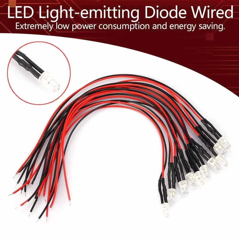 Walfront Diody LED, 10 szt., 12 V, 0,06 W, 5 mm, kabel świetlny LED, dioda elektroluminescencyjna, 20 cm, wielokolorowe (żółte)