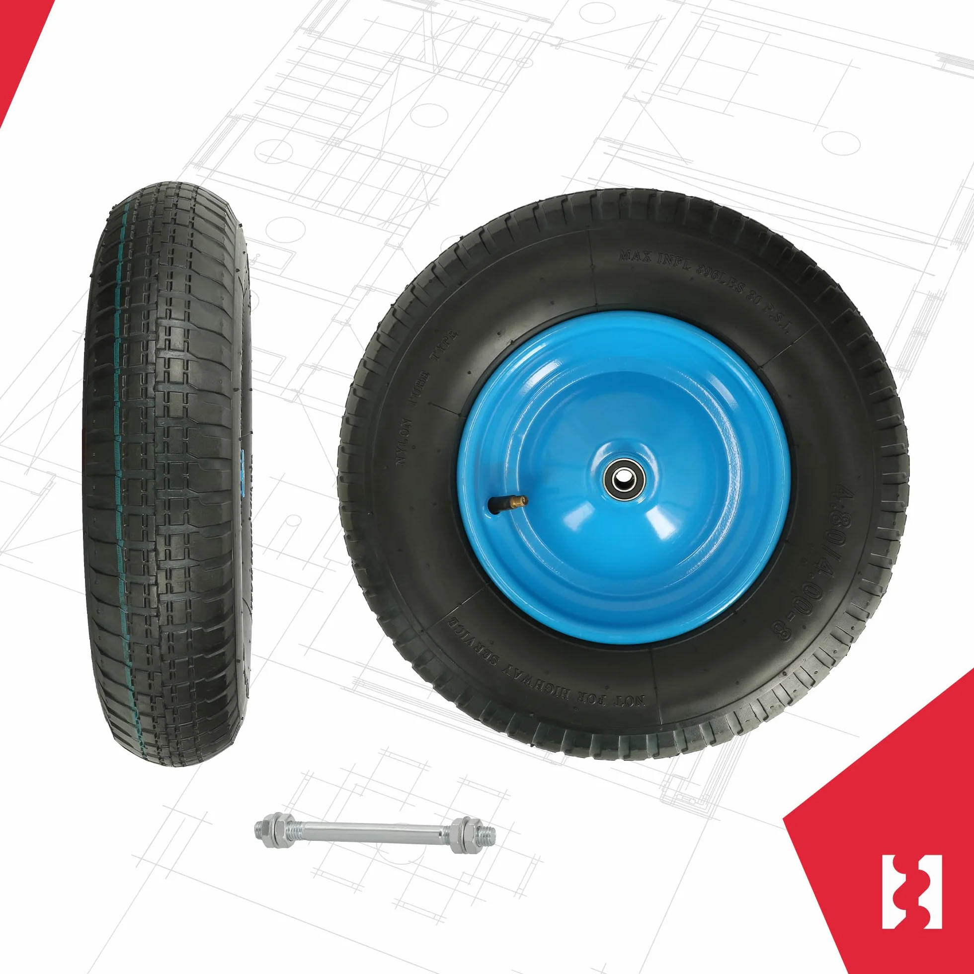 KOTARBAU® Koło do taczki z osią, płaszcz 4.80 4.00-8, koła do taczki, opony 4,80/4.00-8, koło do taczki 4.80/4.00-8, wzmocnione opony 6PR Ø 390 mm