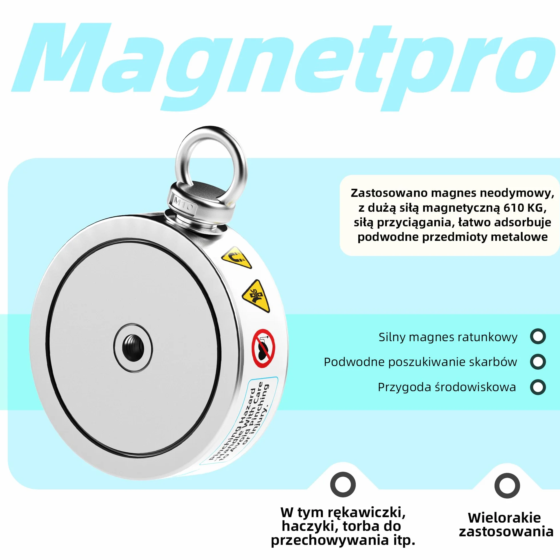 Magnetpro 1220 kg, kompletny zestaw magnesów przychodzących, dwustronny magnes wędkarski, zawiera silny magnes neodymowy, trwała linka o długości 20 m, karabińczyk, rękawiczki, haczyk i torbę do