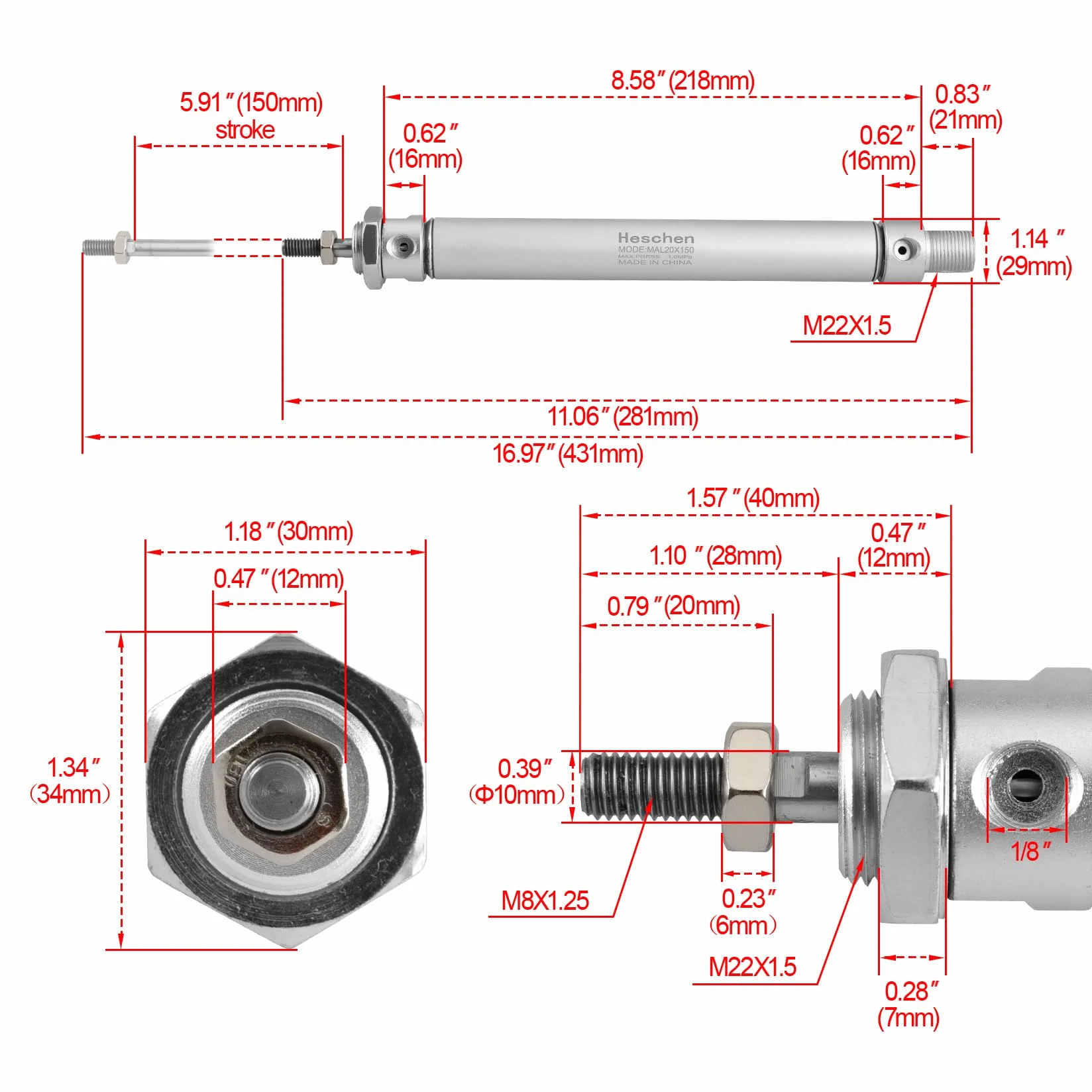 Heschen Pneumatyczny wąski cylinder pneumatyczny MAL 20-150 PT1/8 Port 20 mm otwór 150 mm skok dwustronnego działania