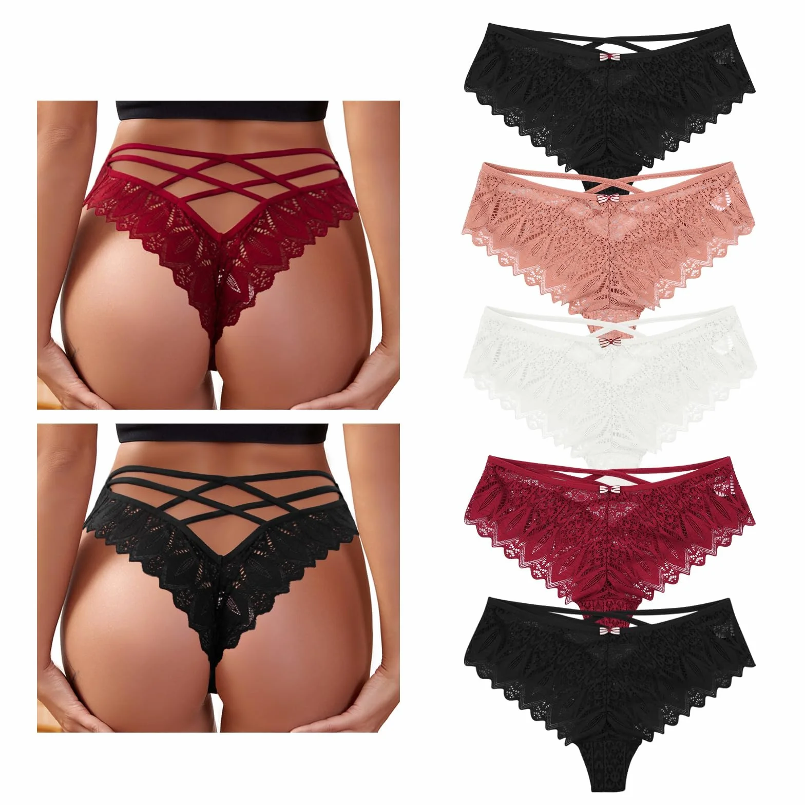 Lishang Zestaw 5 stringów damskich, seksowne eleganckie koronkowe stringi, niskie figi, majtki damskie, kobieca bielizna, kuszące stringi