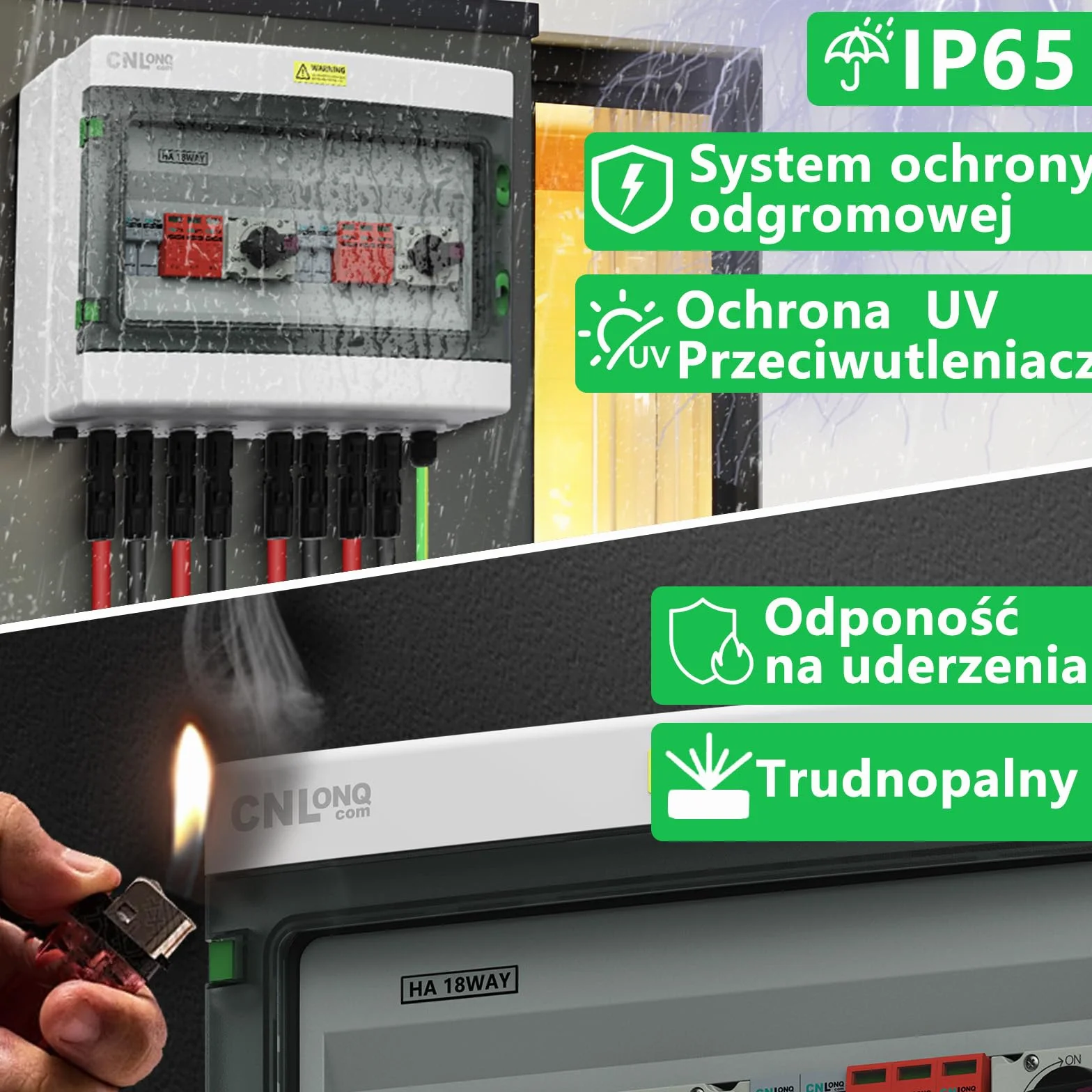 CNLonQ 2-Strunowa Skrzynka Przyłączeniowa Fotowoltaiczna 2 Wejścia 2 Wyjścia DC1000v 32A Z Wyłącznikiem Izolacyjnym, Zabezpieczeniem Przeciwprzepięciowym I Bezpiecznikiem 15A IP65 Wodoodporna