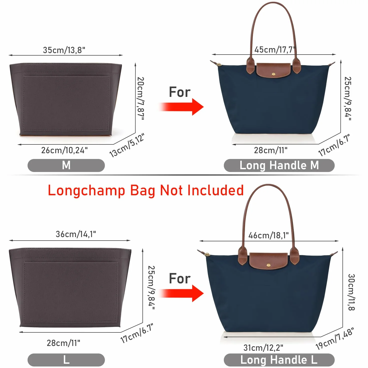 Longchamp Le Pliage Organizer do Torebki Filcowy Duży Ciemnoszary L