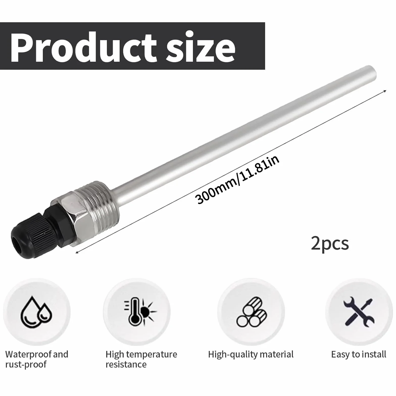 2 sztuki tulejek zanurzeniowych G 1/2 cala 300 mm, stal nierdzewna 304, tuleje zanurzeniowe do czujnika temperatury 8 x 300 mm, rury chroniące przed zanurzeniem do elementów termicznych