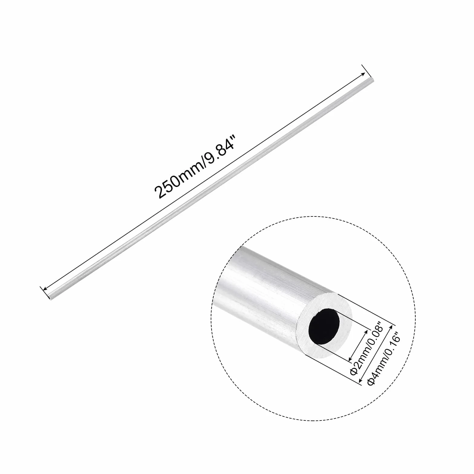 TOP-VIGOR 4 szt. 6063 aluminiowa okrągła rura, 4 mm średnica zewnętrzna 2 mm średnica 250 mm długość bezszwowe aluminiowe proste rurki rurowe do przemysłu projektów DIY