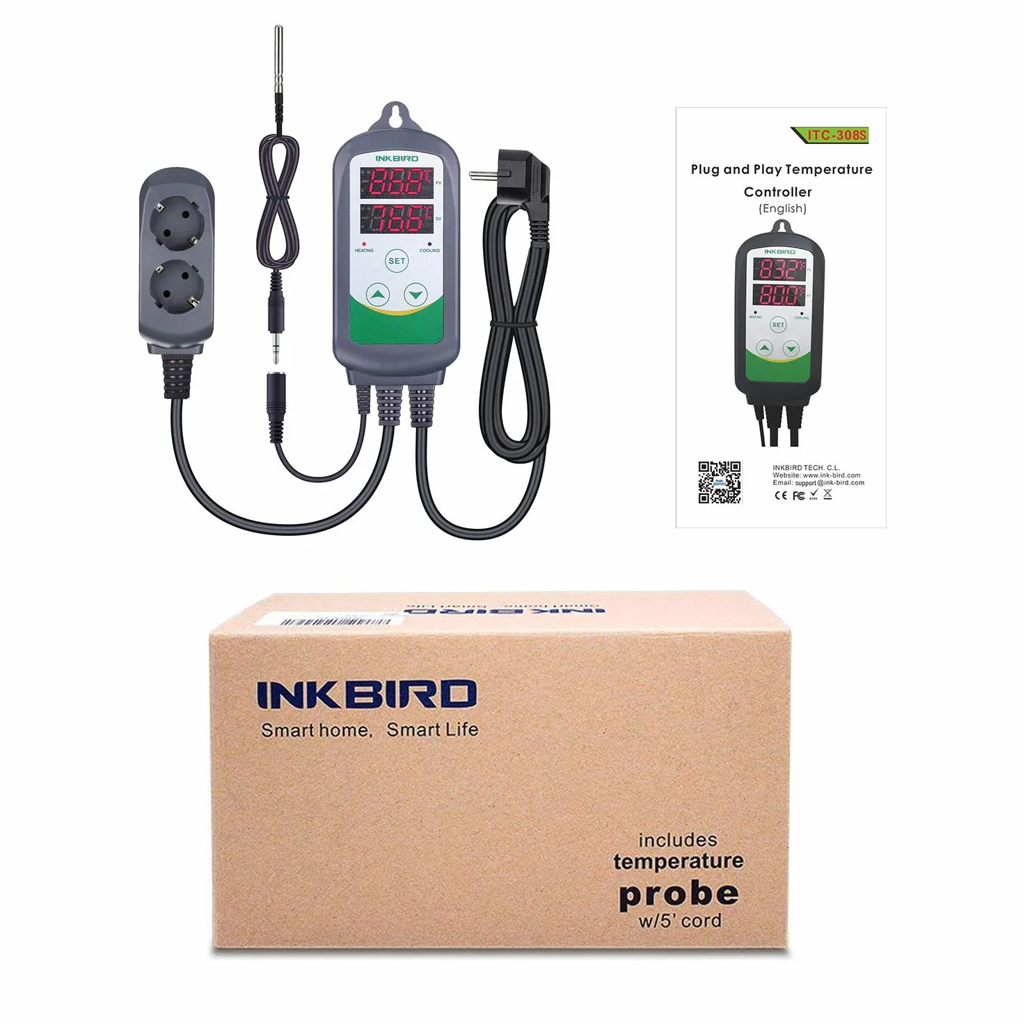Inkbird ITC-308S Cyfrowy termostat regulatora temperatury z sondą temperatury NTC z wtyczką jack