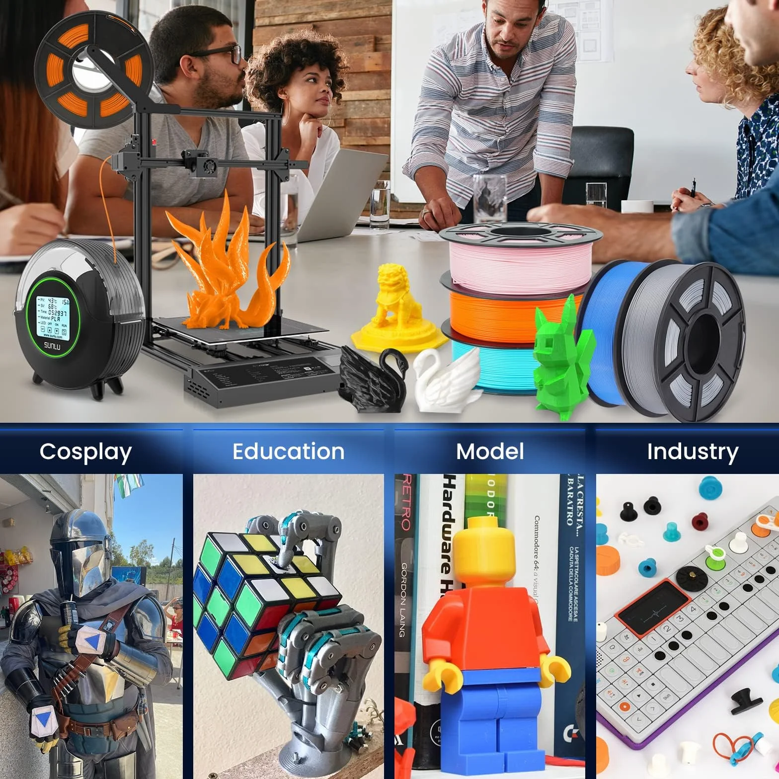 SUNLU 4KG PLA+ Filament, PLA Plus do drukarek 3D 1,75mm ±0,02mm, lepsza odporność, 1 kg na szpulę, 4 sztuki, kolor: czarny+oliwkowy+szary+żółty