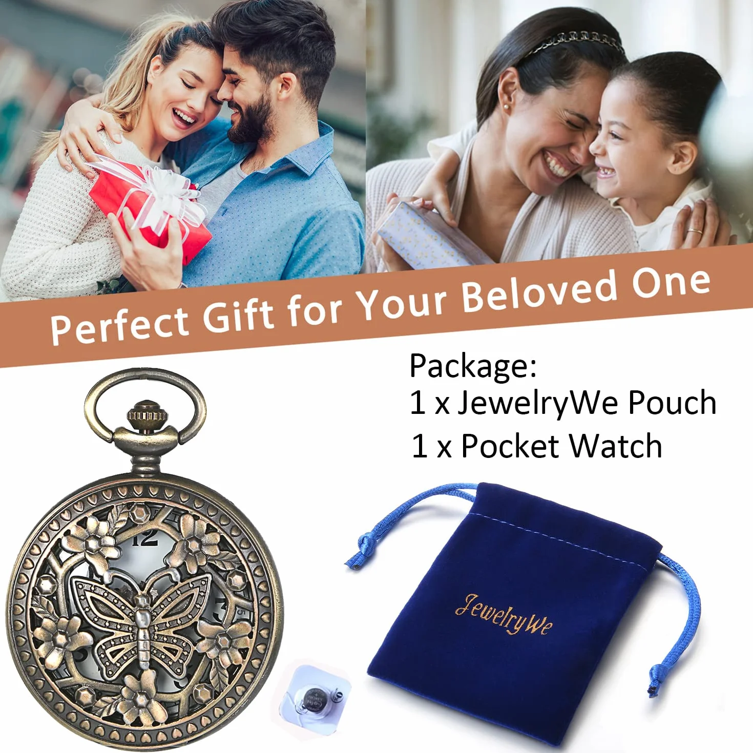 JewelryWe Prezent na Dzień Matki, retro zegarek kieszonkowy z łańcuszkiem, dla kobiet i mężczyzn, analogowy, kwarcowy, zegarek łańcuszkowy, wisiorek z łańcuszkiem, prezent dla kobiet i mężczyzn, Typ
