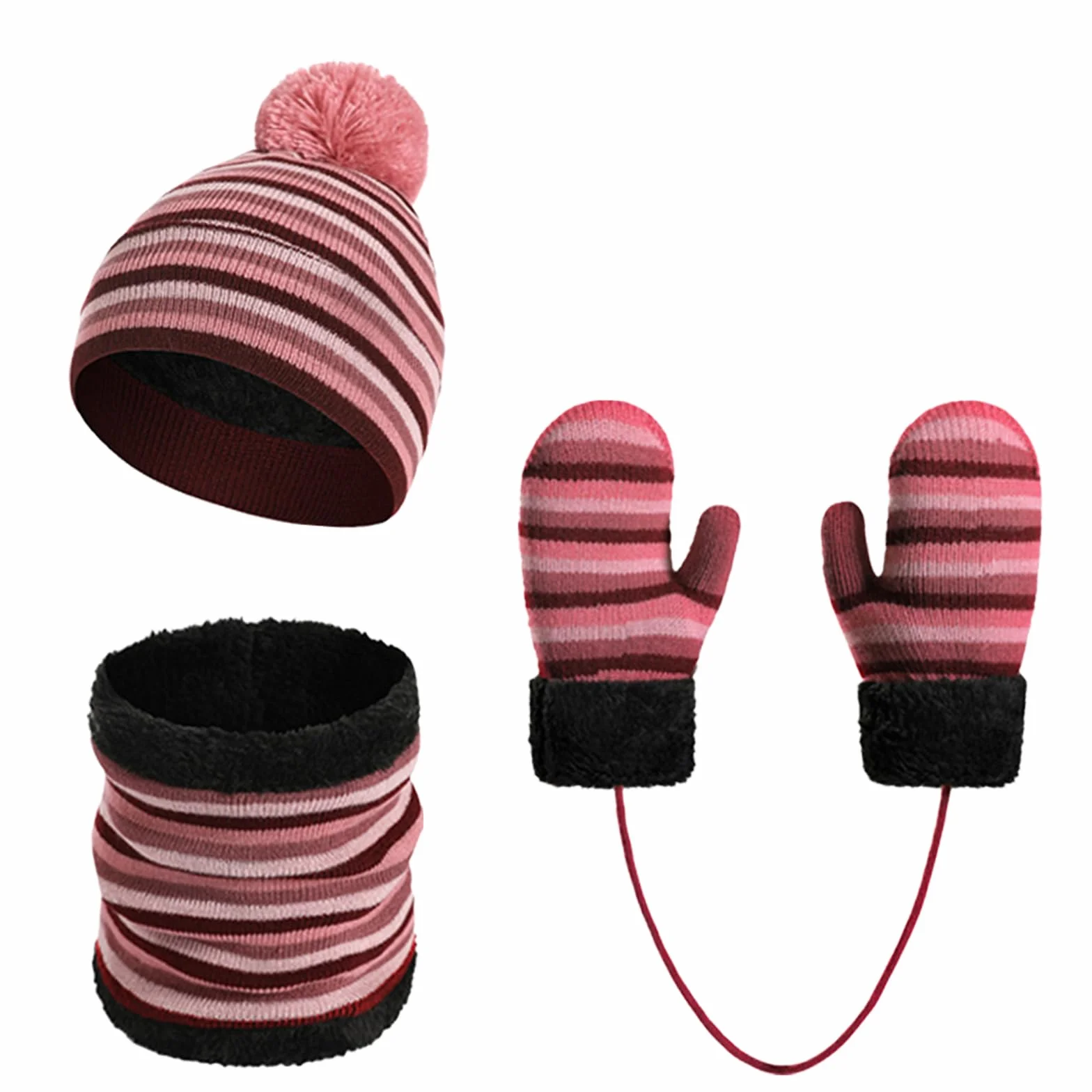 Enwokran Dziecięcy zimowy pompon czapka beanie szalik rękawiczki zestaw ciepła dzianinowa czapka rękawiczki i polar ocieplacz na szyję szalik 3 szt. dla chłopców i dziewcząt w wieku 2-6 lat