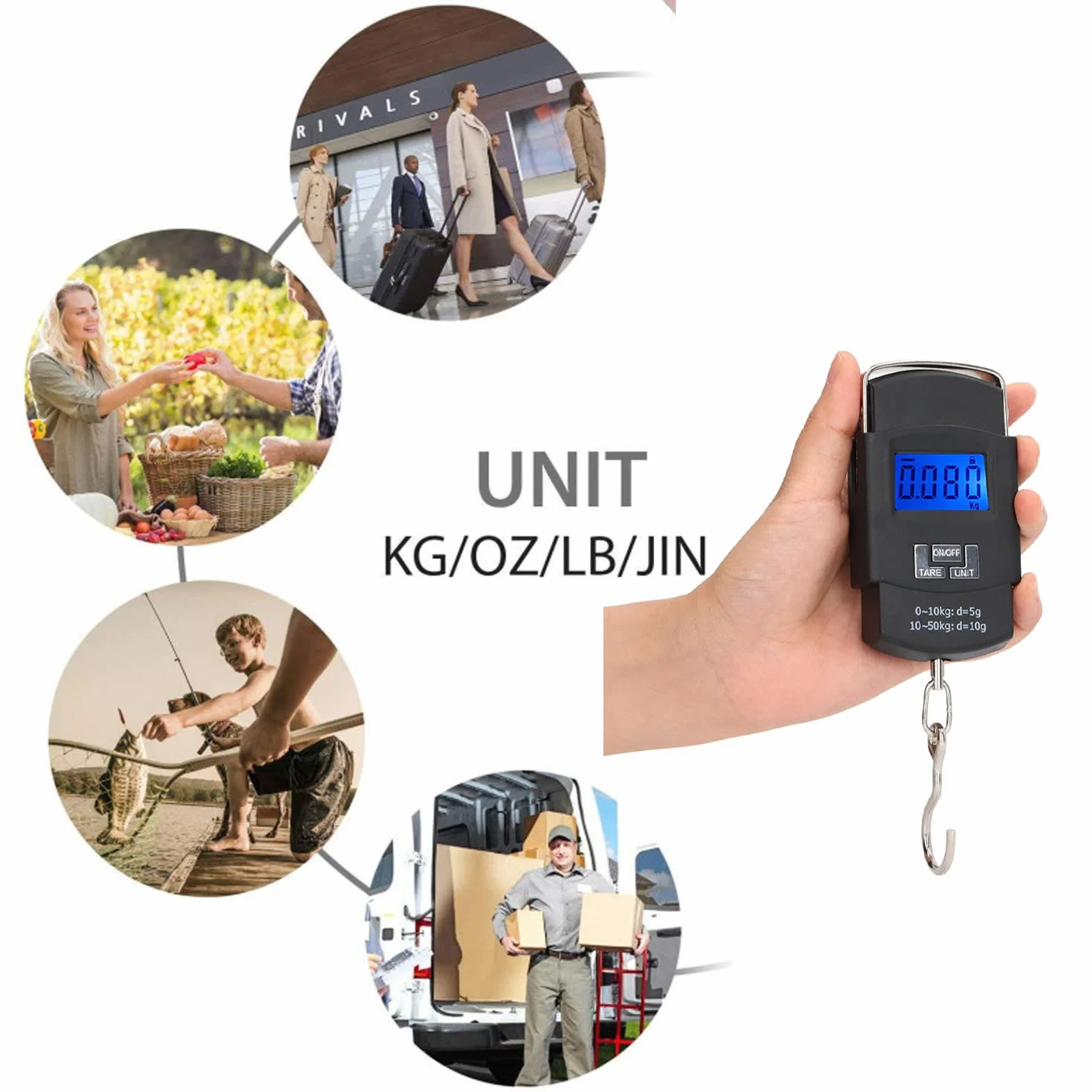 Sxhlseller Wagi bagażowe z wyświetlaczem cyfrowym, przenośna waga do ryb o udźwigu 50 kg, przenośna waga z 4 jednostkami masy na zakupy, podróże, wędkarstwo