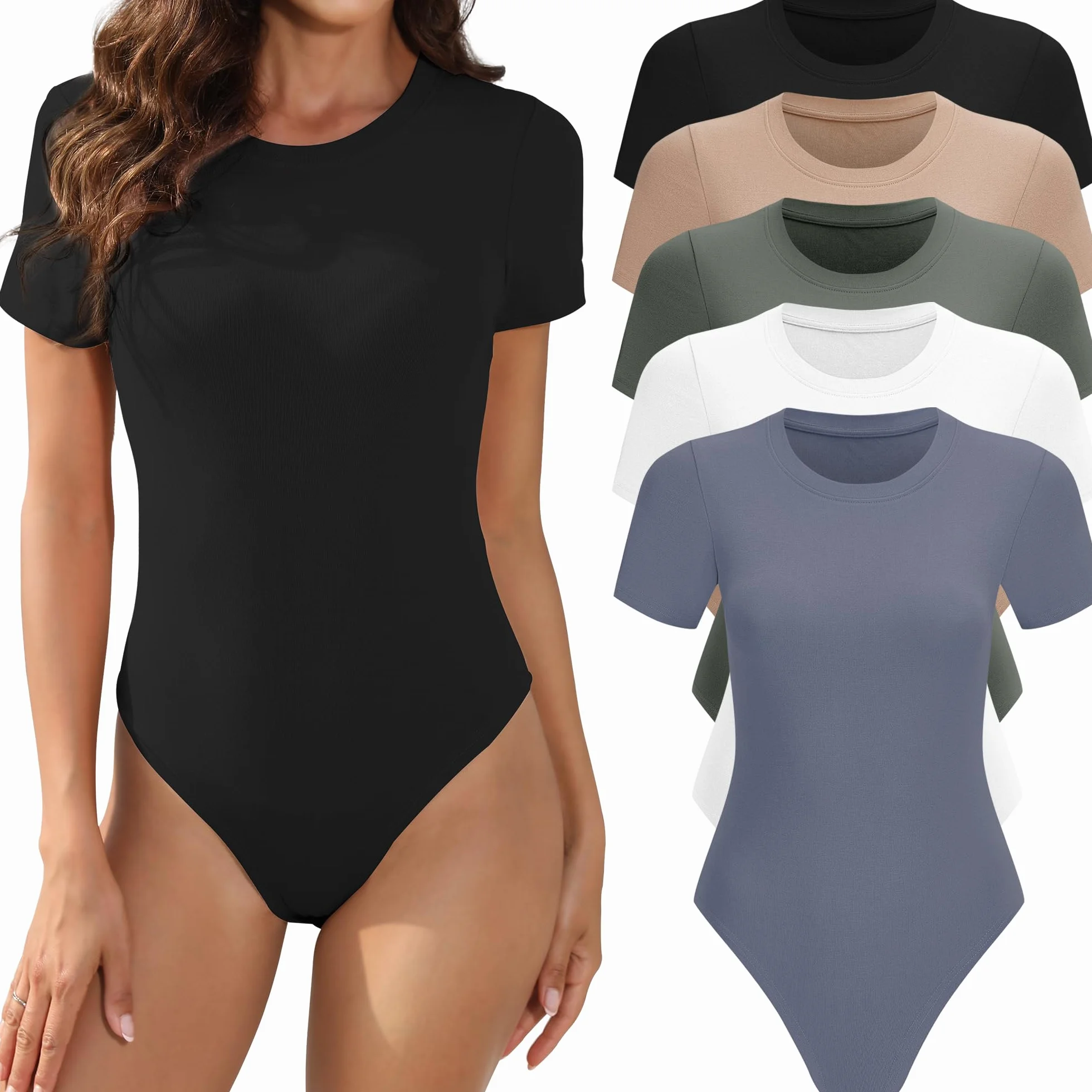 Body damskie z krótkim rękawem okrągły dekolt rozciągliwy podstawowy T-shirt topy 5-pak