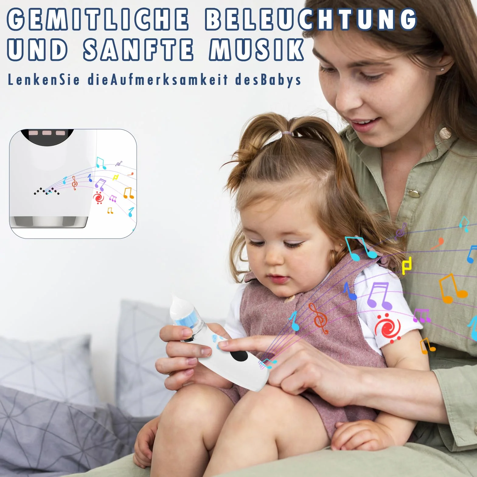 Elektryczny aspirator do nosa dla niemowląt, z 5-stopniową siłą ssania i 3 wymiennymi końcówkami silikonowymi, zintegrowana muzyka, uspokajające światło i wyświetlacz LCD