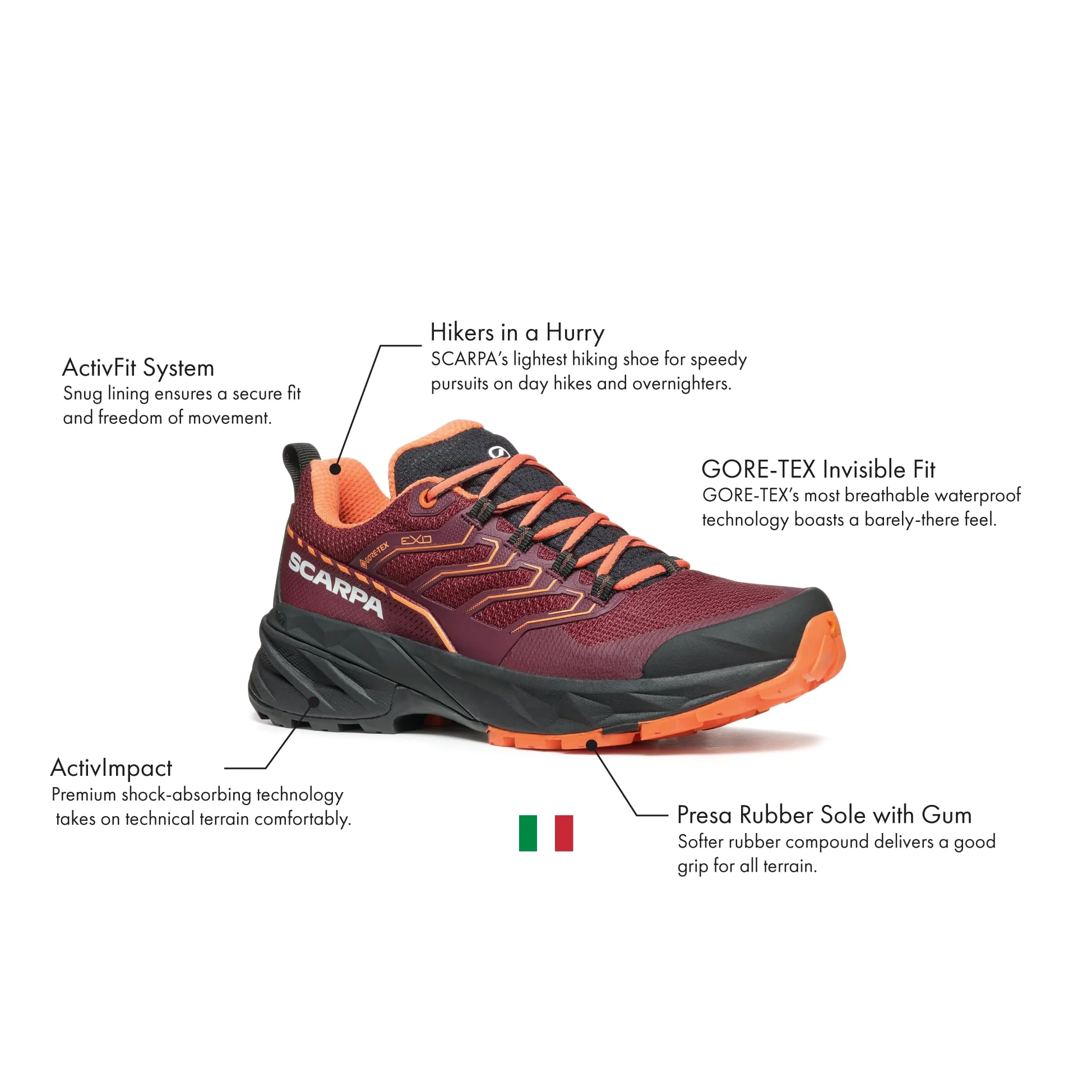 Scarpa Damskie buty Rush 2 GTX Gore-Tex wodoodporne do wędrówek, Bordowy / zakurzony pomarańczowy, 38.5 EU