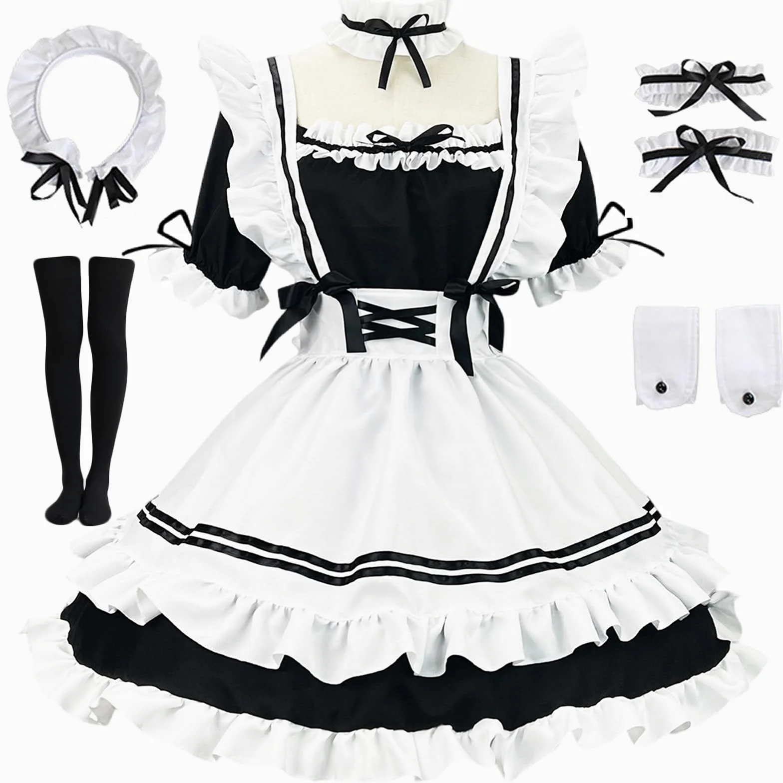 Kostium pokojówki cosplay Amine seksowny francuska pokojówka kelnerka fartuch sukienka fantazja lolita mundur 7-częściowy zestaw fantazyjny strój na Halloween, maskaradę, strój na imprezę,