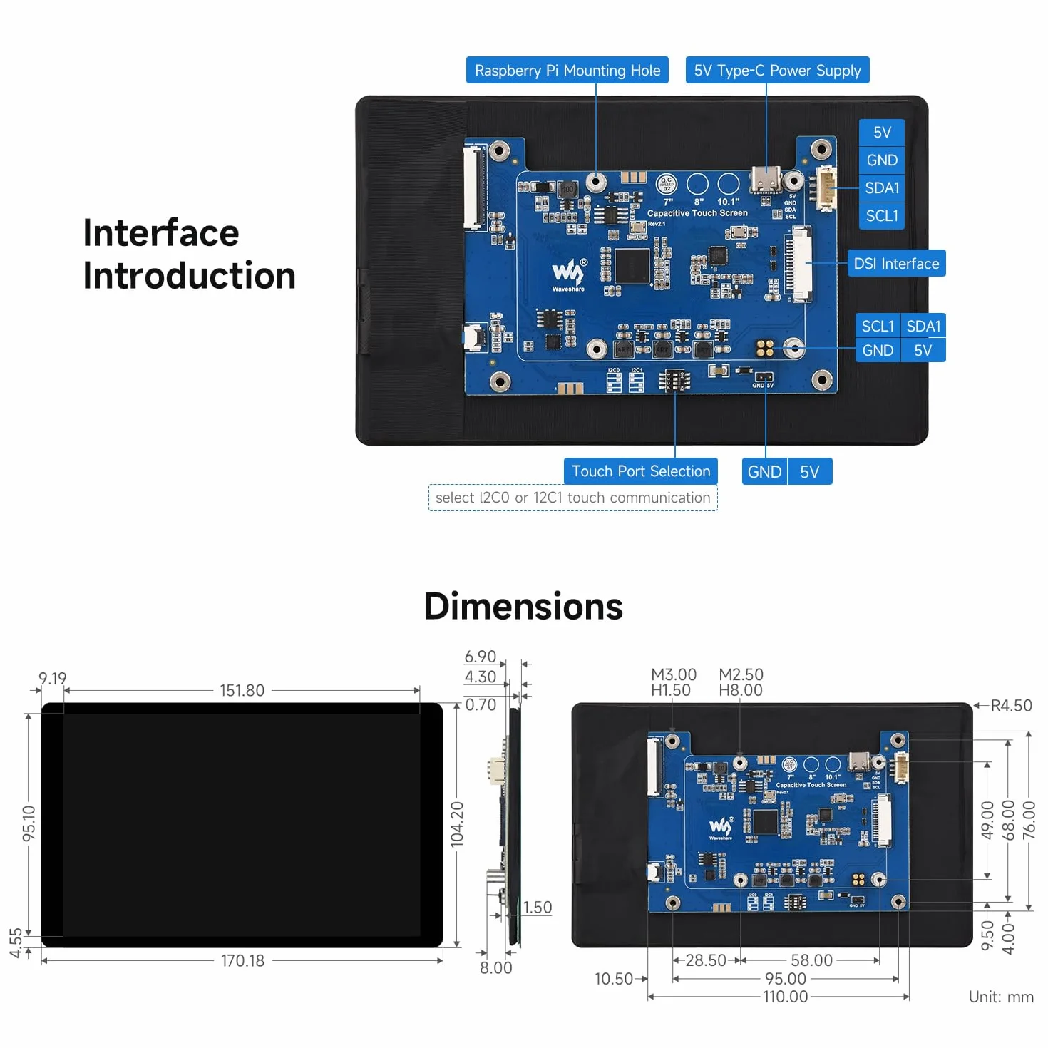 Waveshare 7inch DSI Capacitive Touch Display 2 for Raspberry Pi 5/4B/CM4 IO Board, 1280 x 800, 10-Point Touch, Higher Color Gamut, IPS, Optical Bonding Toughened Glass Panel, DSI Interface