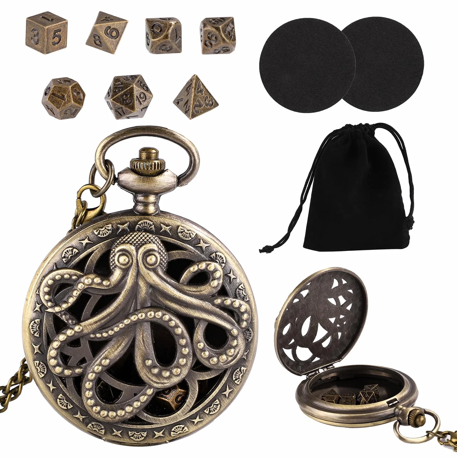 Zestaw Miniaturowych Kostek do DND, 7 Stylów Kostki z Koperta Zegarka Kieszonkowego Zestaw Wielosciennych Wzór Osmiornicy Kostek Metalowe Kostki Micro dla Rodziny i Przyjaciól