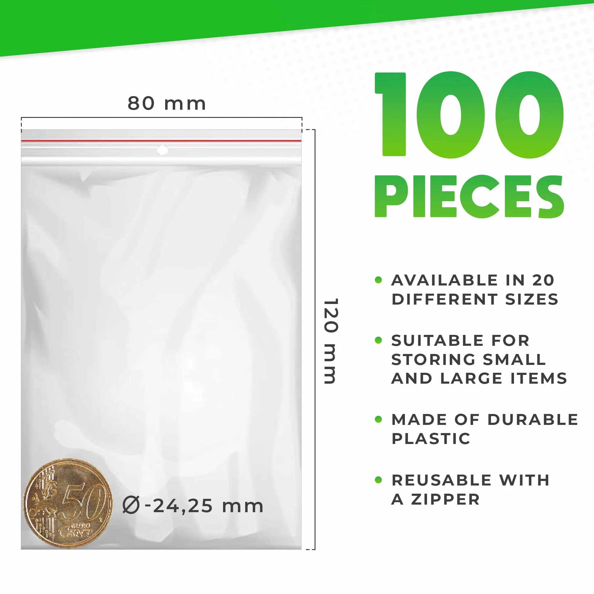 Woreczki Strunowe 80x120mm - Plastikowe Transparentne Opakowanie - Zamykana Przezroczysta Torebka Na Materiały - Wodoszczelne Zamknięcie - 100 sztuk