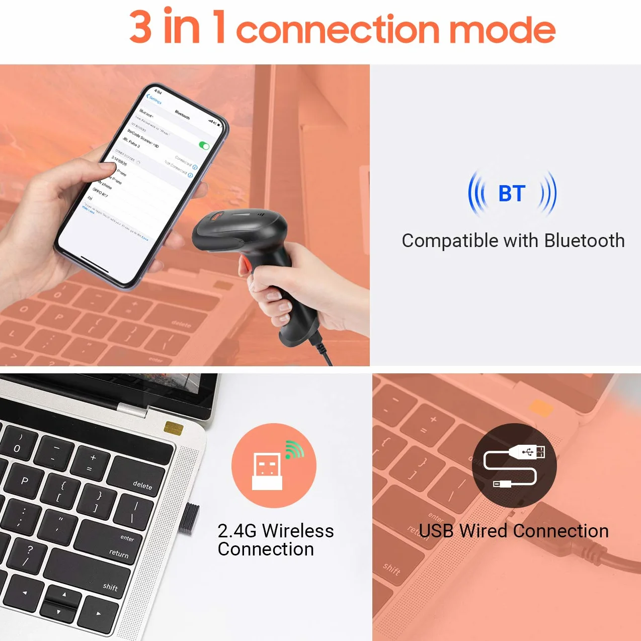 Tera Skaner kodów kreskowych bezprzewodowy: 2D 1D 3 w 1 bezprzewodowy skaner kodów kreskowych 2,4 GHz USB przewodowy skaner kodów kreskowych z akumulatorem 2000 mAh, kabel 2 m, super stabilny stojak