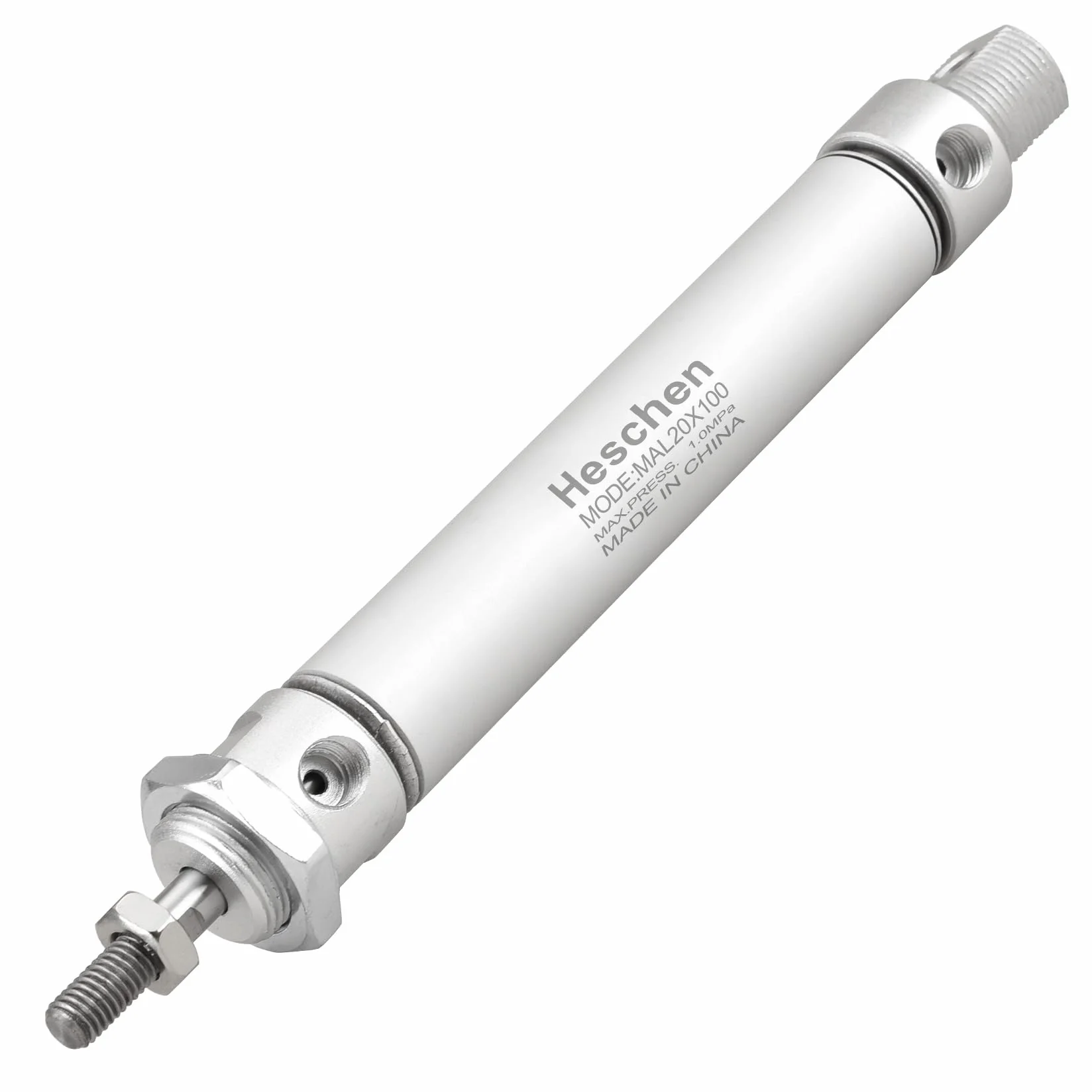 Heschen Smukły pneumatyczny cylinder pneumatyczny, MAL 20-100, otwór 20 mm, skok 100 mm, dwustronny, port PT1/8 cala, metal, 145 PSI