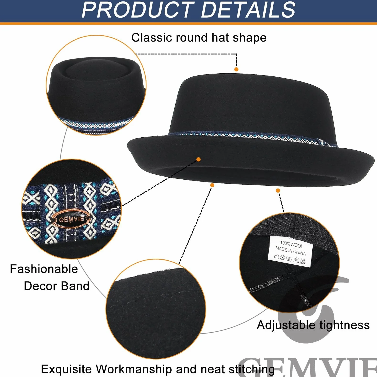 GEMVIE Kapelusz wieprzowy dla mężczyzn i kobiet 100% filcowy wełniany kapelusz Fedora Trilby czarny dorosły unisex kapelusze porkpie, Czarny + retro pasek, Rozmiar uniwersalny