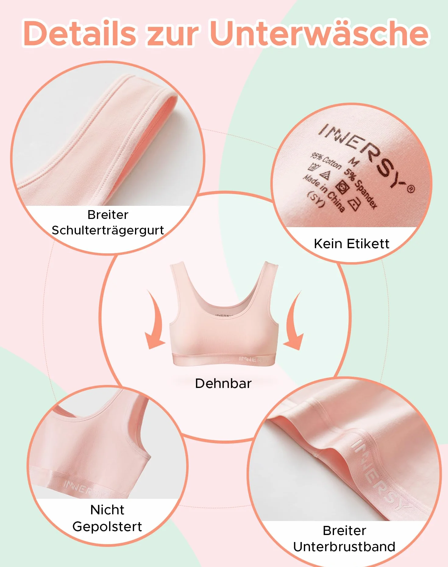 INNERSY Bustier dziewczęcy biustonosz sportowy bez fiszbin, dla dzieci do nastolatków 6-16 lat, 3 sztuki