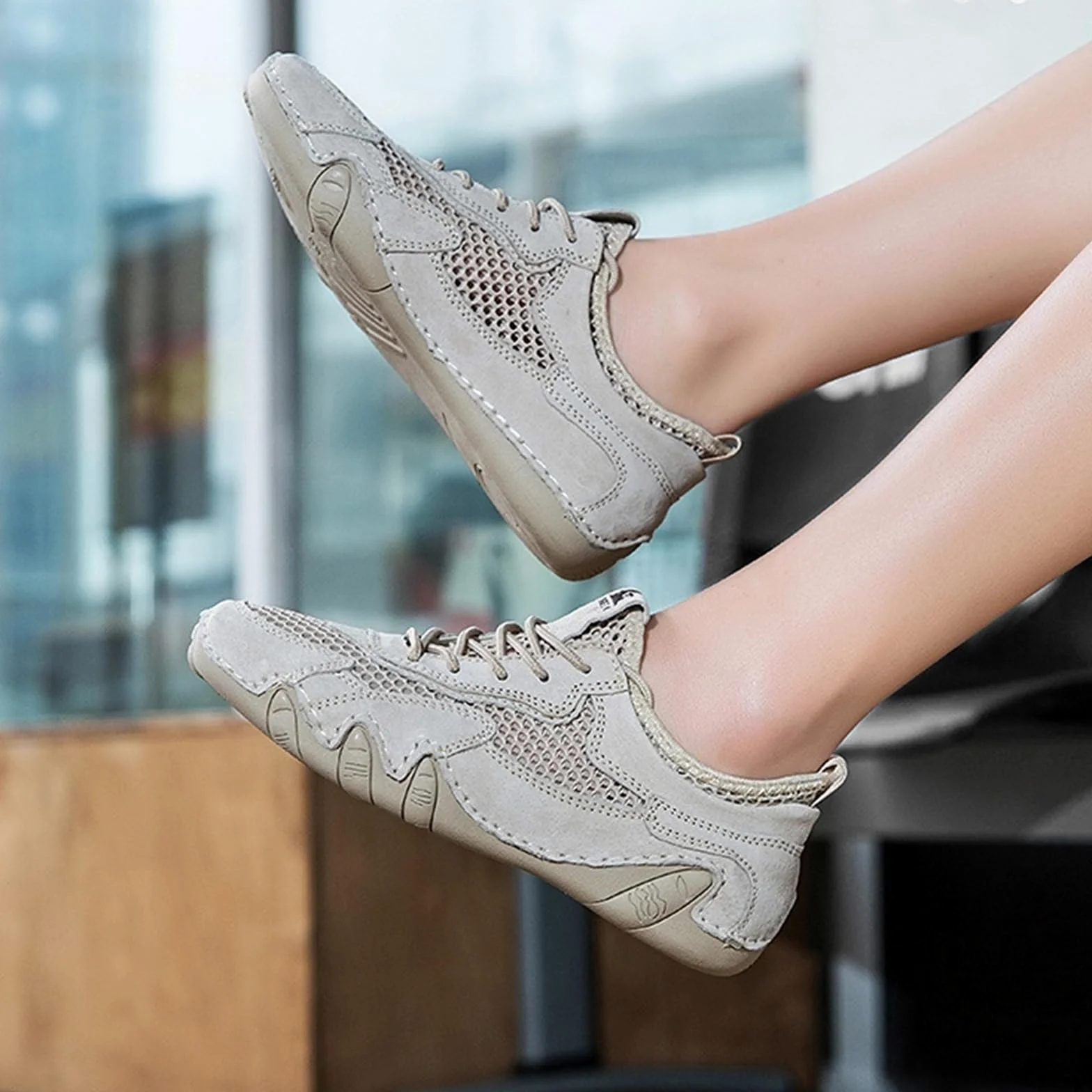 Siateczkowe, szerokie, elastyczne buty do chodzenia, Beżowy, 37 EU | System elastycznych sznurowadeł, miejskie spacery, dojazdy do biura, podróże w czasie wolnym
