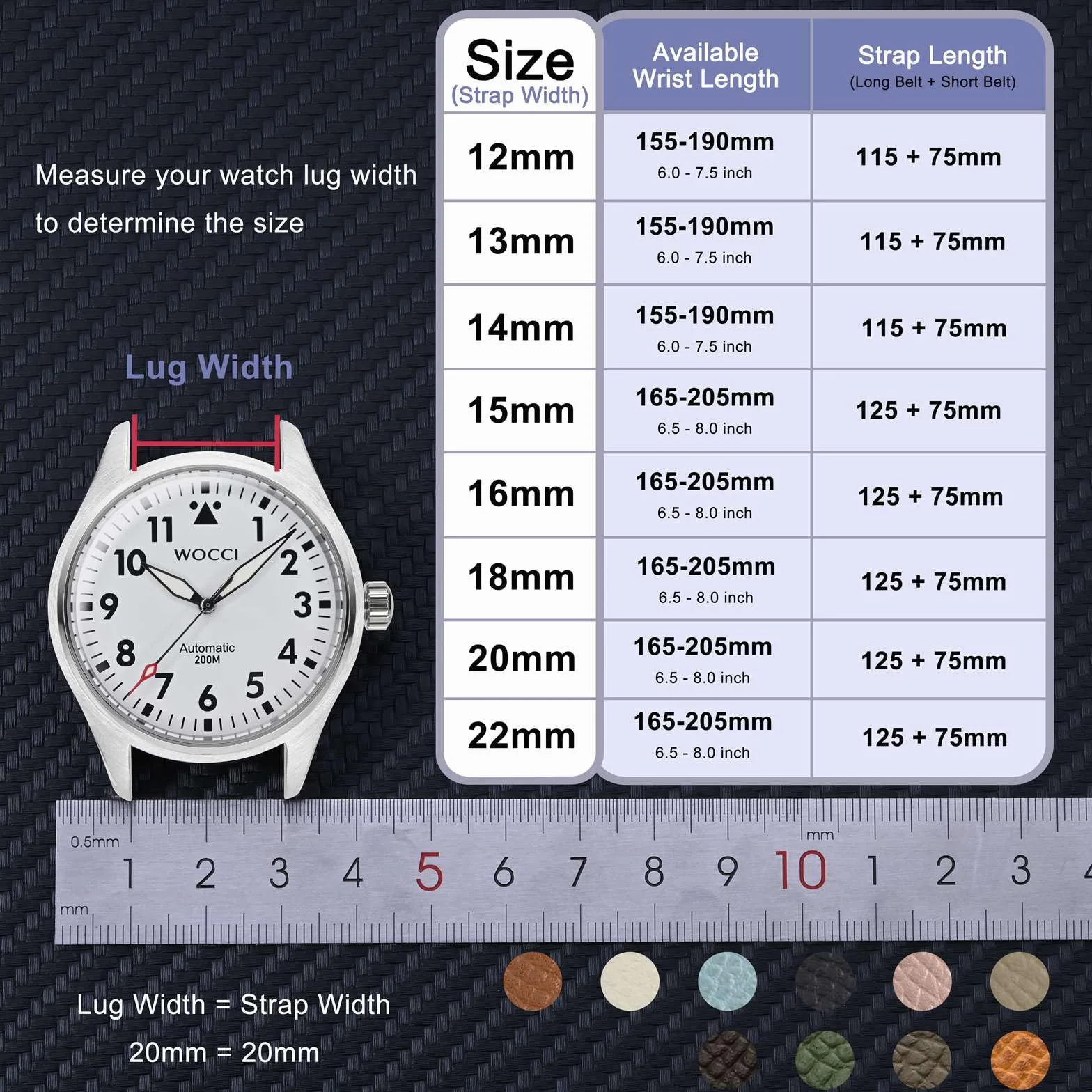 WOCCI Grace Watch Pasek do zegarka, skóra licowa, szybkie zapięcie, Quick Release, klamra ze stali nierdzewnej, szerokość paska 12, 14, 16, 18, 20 mm