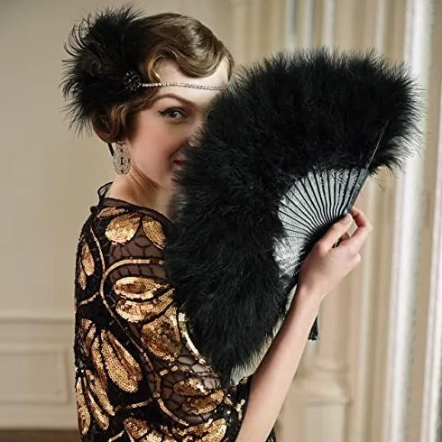 BABEYOND Damski wachlarz ręczny w stylu vintage w stylu lat 20. XX wieku, marabou, pióra, kostium Gatsby, akcesoria, czarny uchwyt