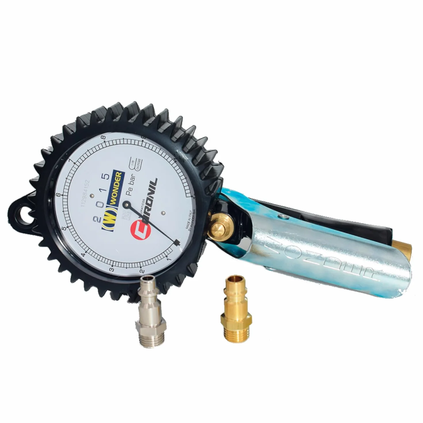 Manometr ciśnienia w oponach Eurodainu 2015 model Coronil z szybkimi złączami. 0,7-11 BAR, tarcza 80mm i rura 150 cm