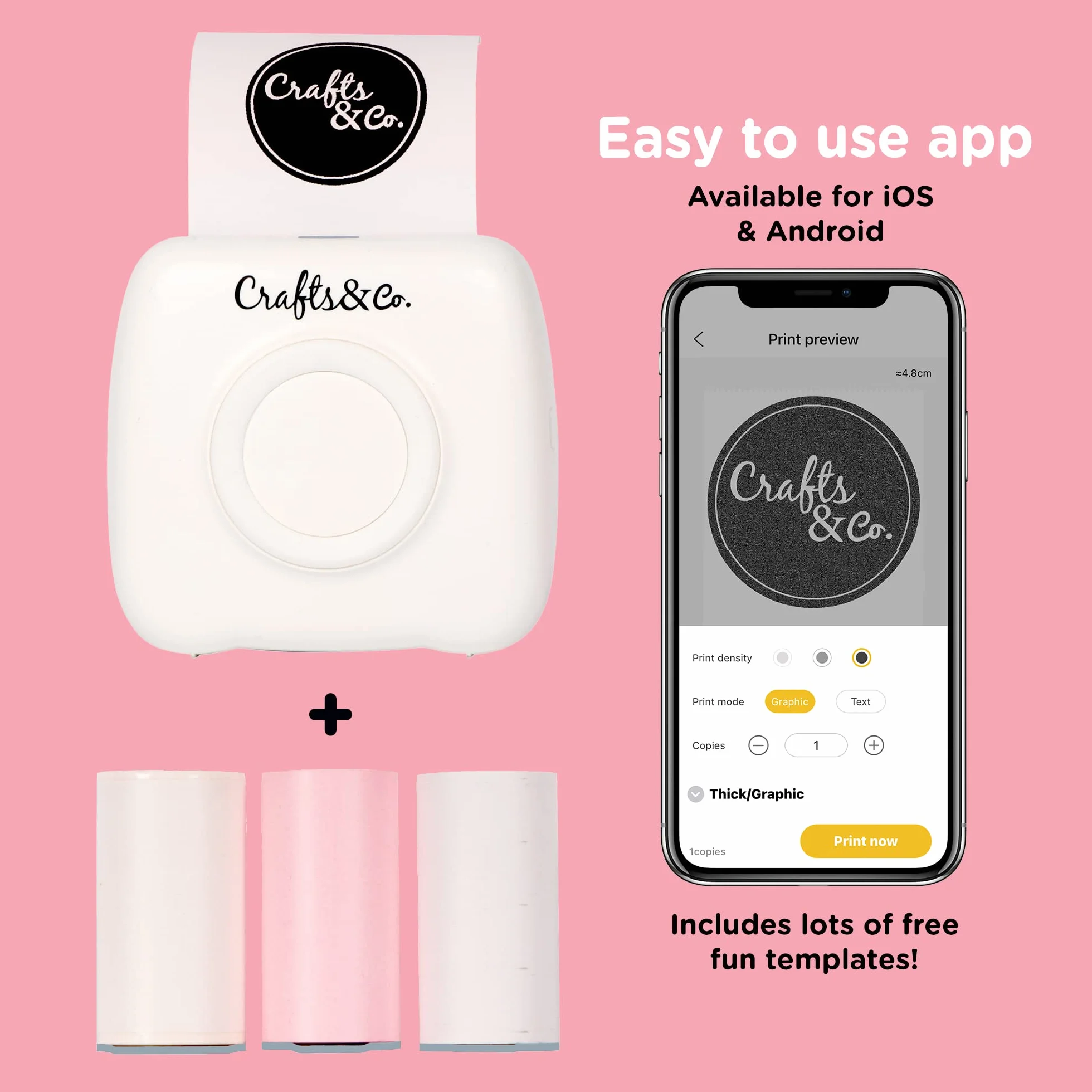 Crafts&Co Przenośna mini drukarka termiczna do smartfonów | Natychmiastowa mini drukarka Bluetooth, drukowanie naklejek, zdjęć, etykiet, zawiera 3 rolki papieru + aplikacja