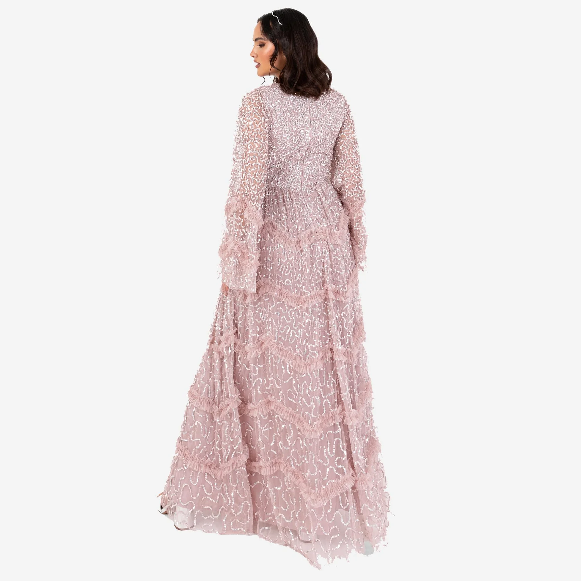 Maya Deluxe Damska sukienka maxi, modest Round Neck Long Bell Sleeve Sequin, Embellished Tiered Ruffle A-line Bridesmaid Prom, lodowy róż 48, różowy, 48