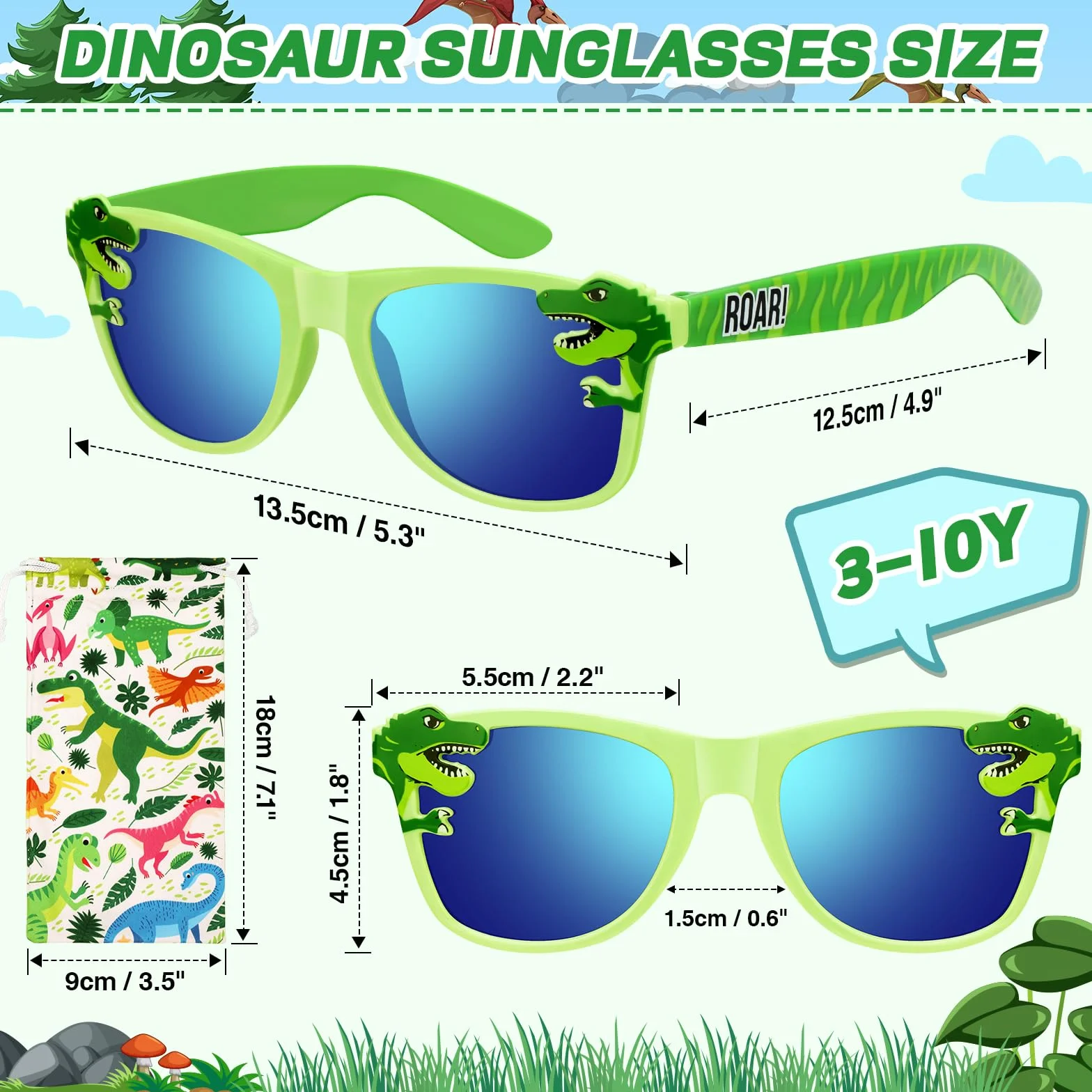 Hifot Okulary przeciwsłoneczne chłopiec dziewczynka dinozaury, ochrona przed promieniowaniem UV, okulary przeciwsłoneczne dla dzieci od 3 lat do 10 lat, z miękkim pokrowcem na dinozaury, na plażę