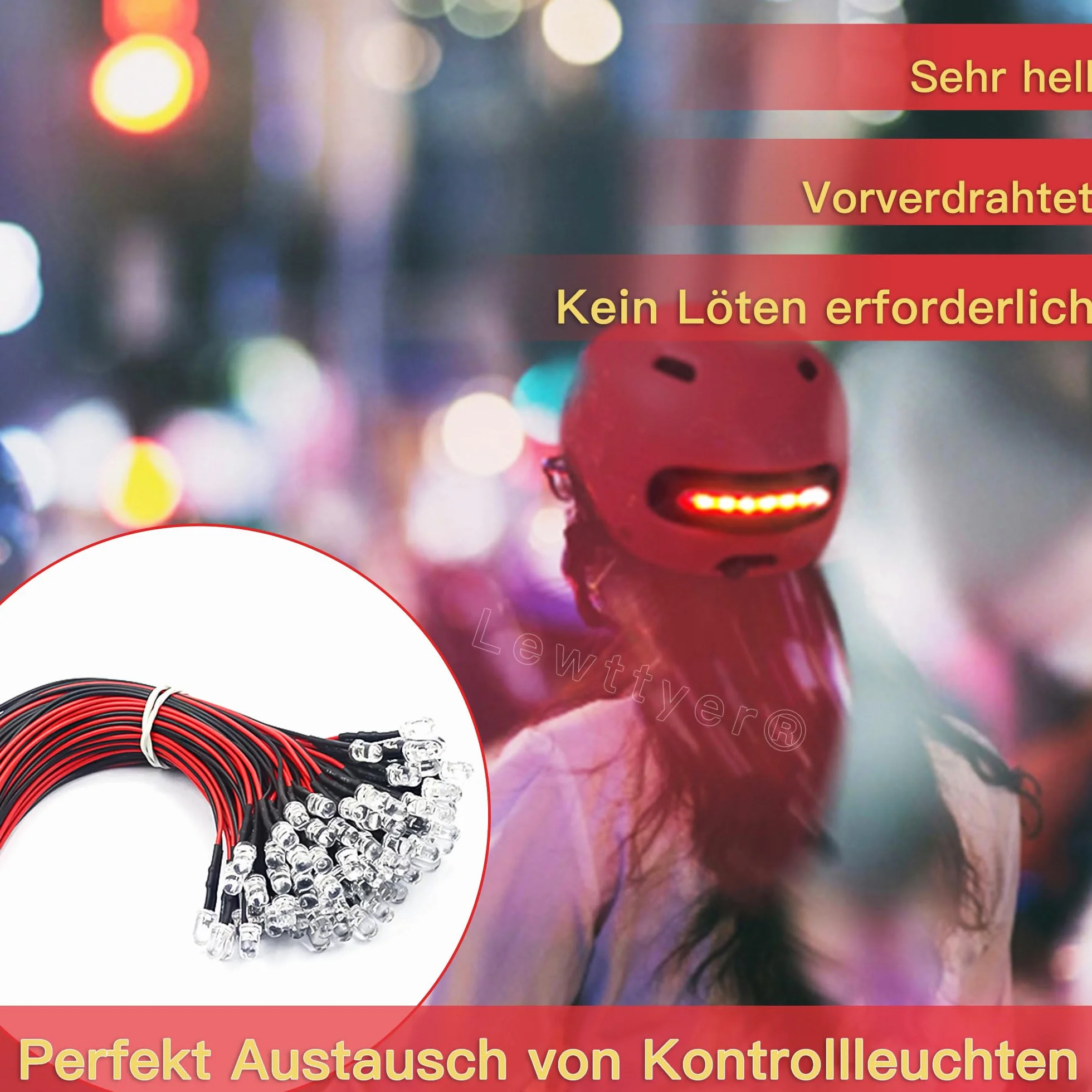 50 sztuk wstępnie okablowanych mini diod LED 5 mm DC 12 V, zestaw diod LED, oświetlenie modelarskie, wielokolorowe, białe, czerwone, niebieskie, zielone, żółte Lewttyer
