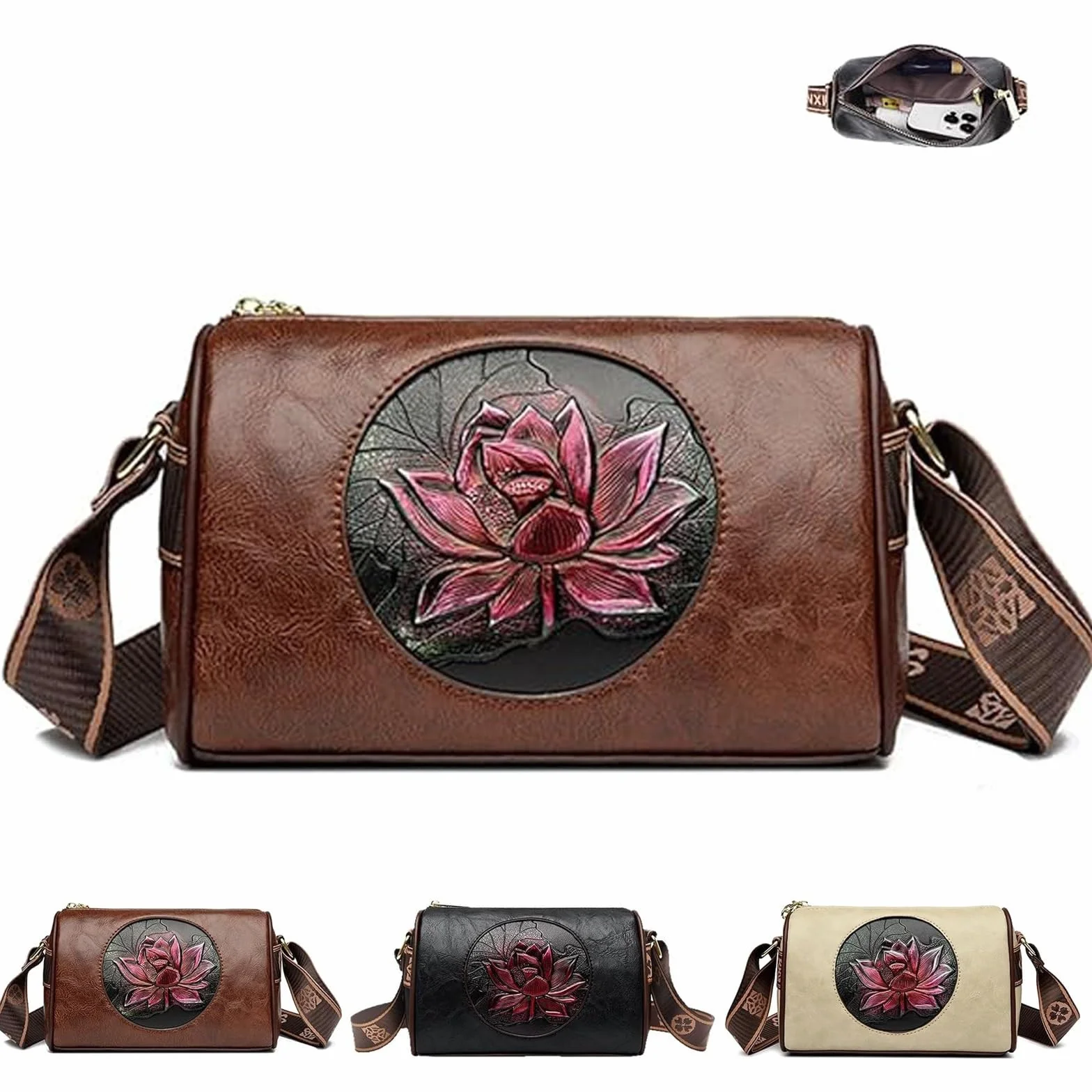 Women Vintage Lotus Crossbody Bag, Oriental Lotus Flower Handbags Purse, Fashion Casual Messenger Tote Bags for Women Gifts
