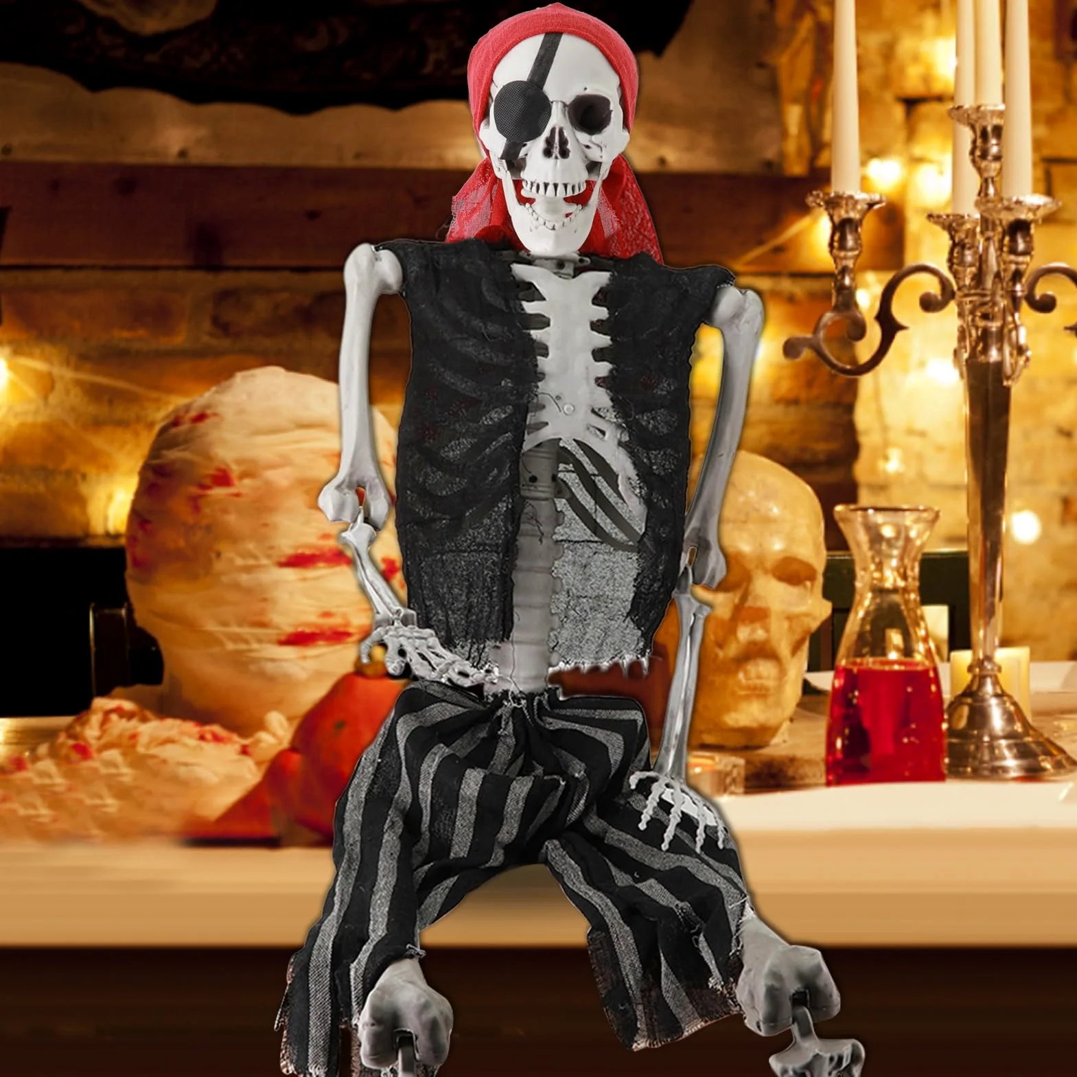 Grebest Szkielet na Halloween, szkielet naturalnej wielkości, możliwy szkielet całego ciała z ruchomymi stawami, strój pirata, wiszący rekwizyt szkieletu do wewnątrz/na zewnątrz nawiedzony dom