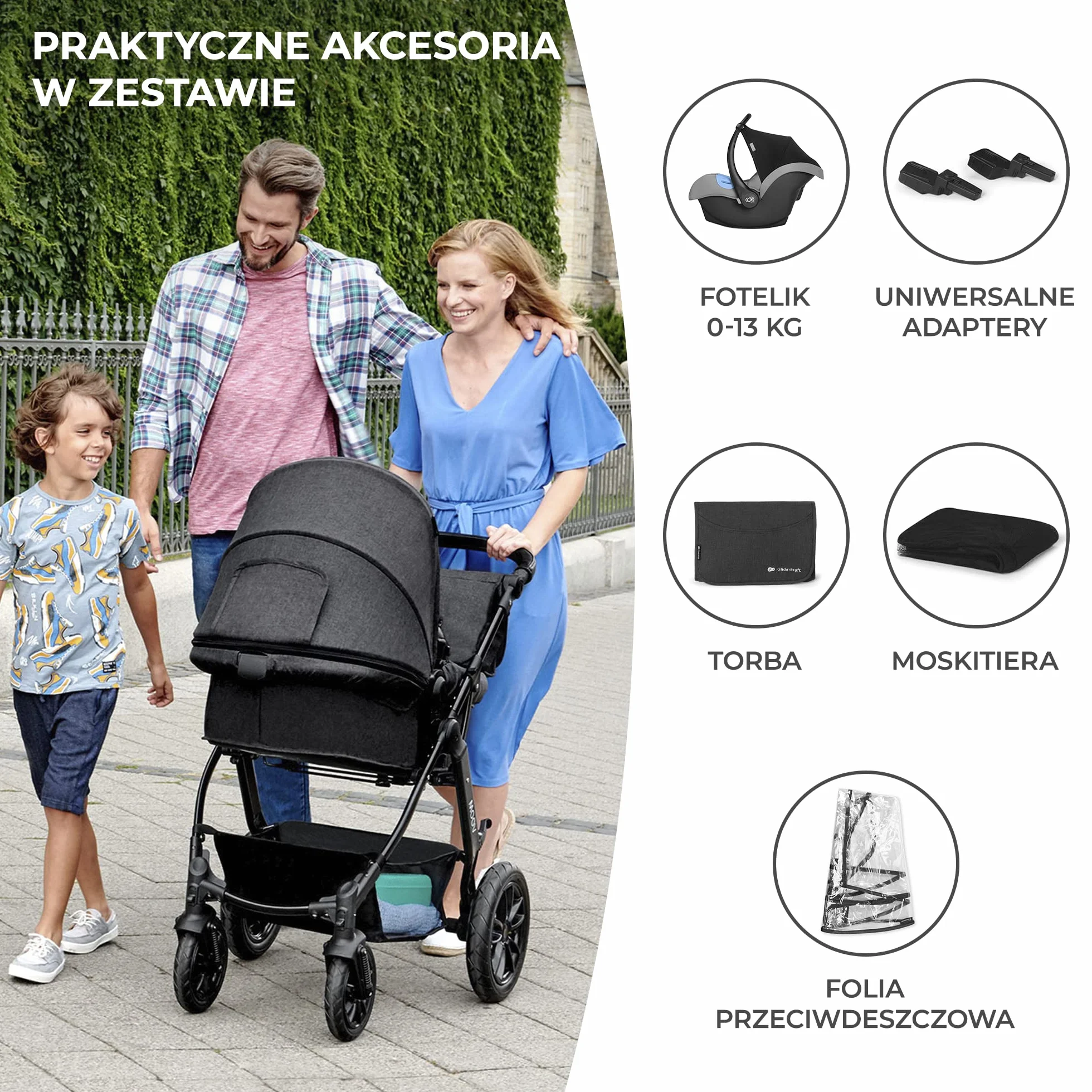kk KinderkraftWielofunkcyjny Wózek Dziecięcy MOOV 3w1, Spacerówka, Travel system, Fotelik samochodowy i akcesoria w zestawie, Regulacja Oparcia, Amortyzowane koła i stelaż, do 22 kg, Szary