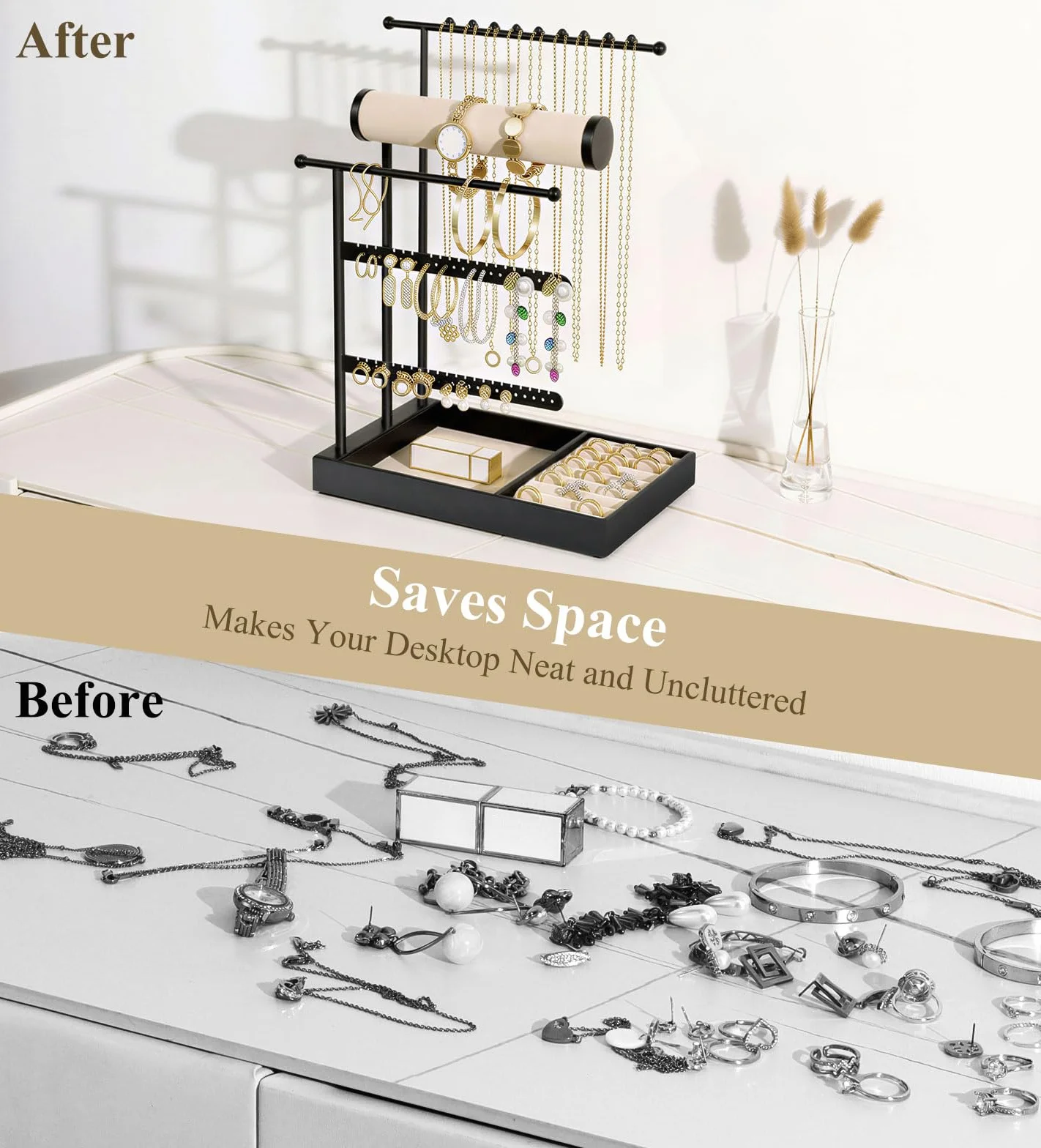 Emibele Necklace Holder, Jewelry Organizer Stand with Velvet Tray, Jewelry Organizer Tower for Earrings, Bracelets and Necklaces, Elegant Necklace Tower Accessory Storage Gifts for Women, Black