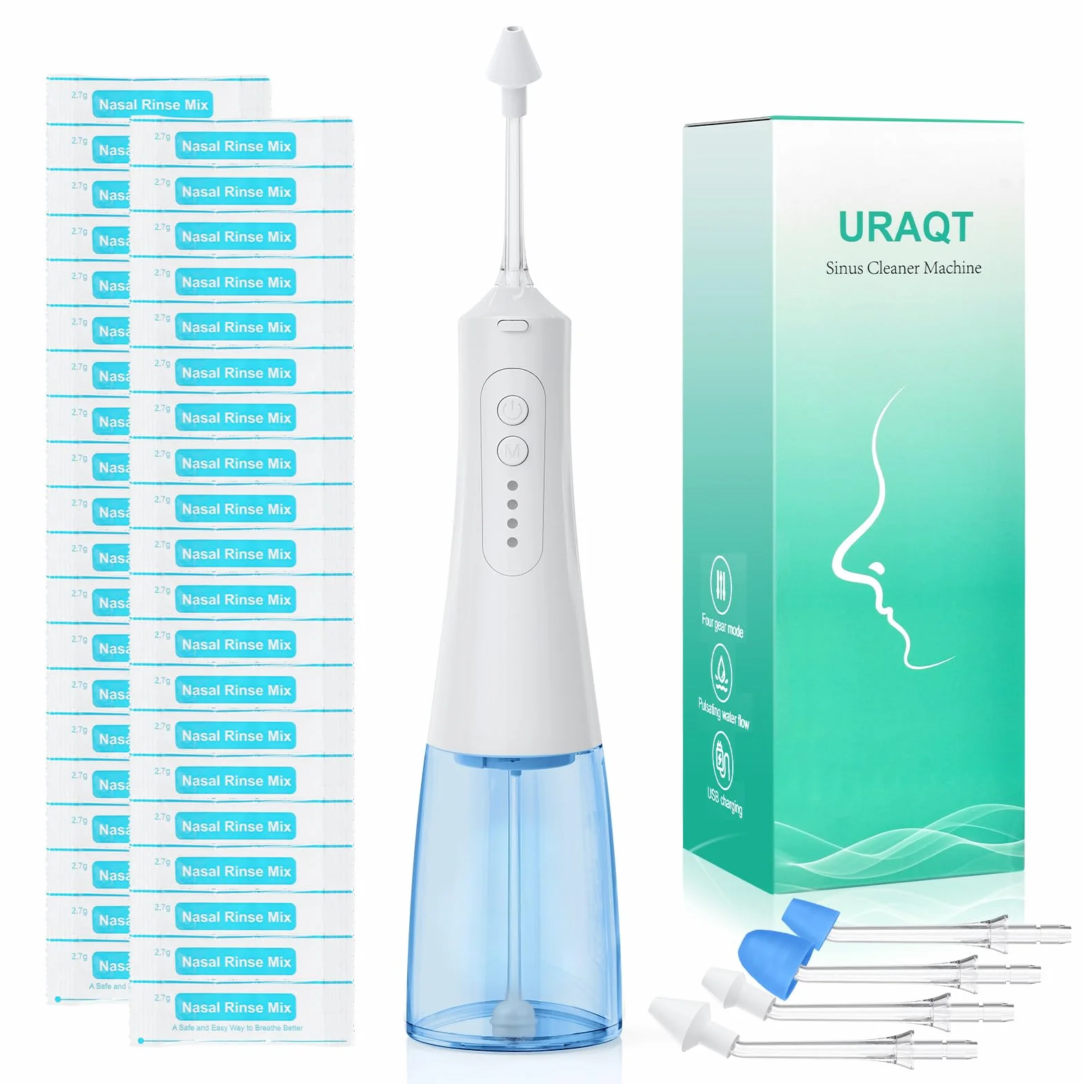 URAQT Neti Pot Elektryczny środek do czyszczenia nosa, zestaw do płukania zatok Neti Pot z 40 pakietami soli do mycia nosa i 4 wymiennymi końcówkami, płukanie zatok nosowych dla dorosłych i dzieci