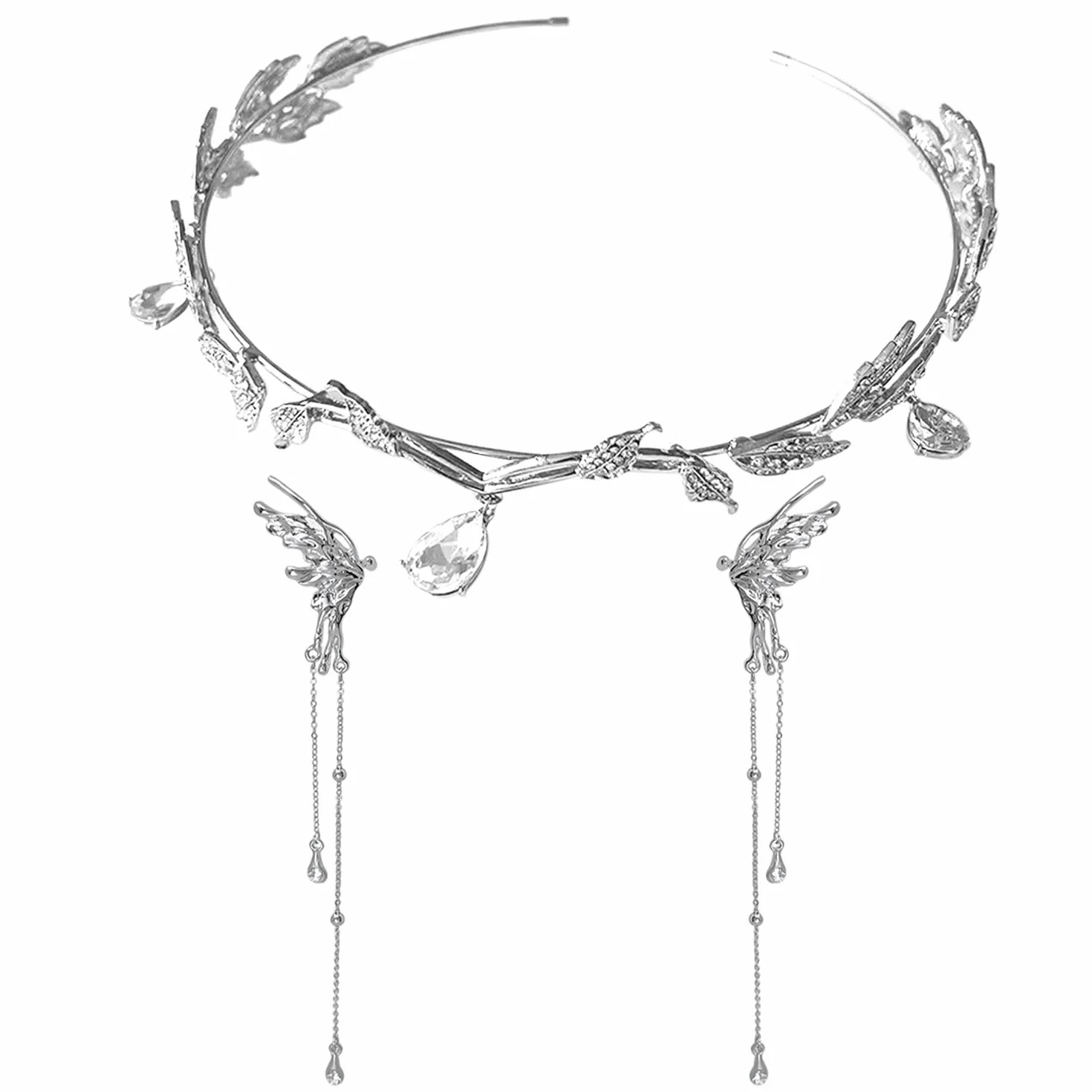 1 sztuka tiara ślubna z 1 parą klipsów do uszu w kształcie motyla, kryształowa opaska na głowę, opaska na głowę z liśćmi z cyrkonii, tiara karnawałowa dla kobiet, akcesoria modnej biżuterii