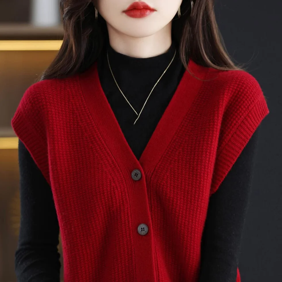 Damski sweter rozpinany bez rękawów 100% wełny dzianinowy kamizelka Gn L