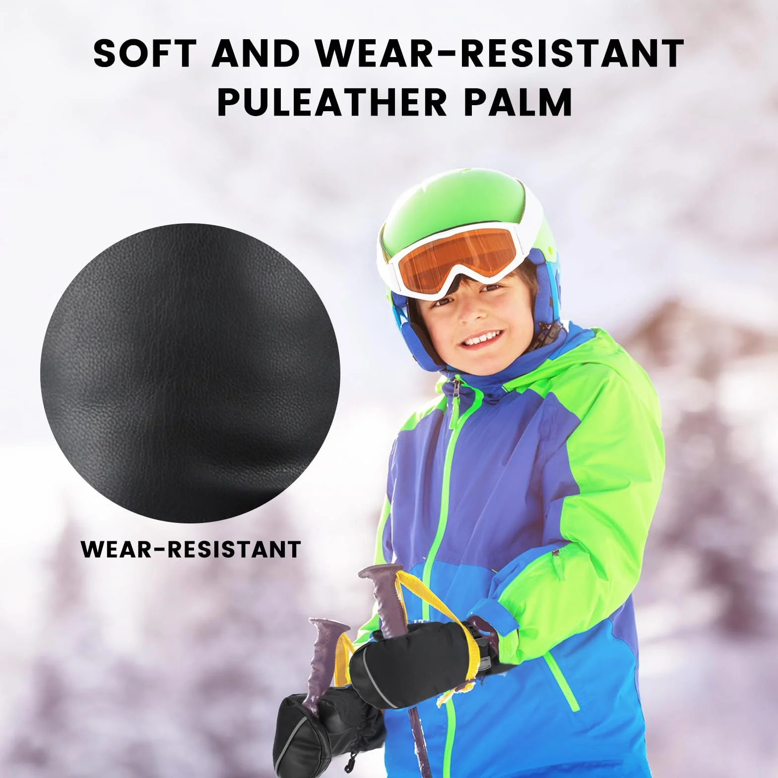 QKURT Dziecięce rękawice narciarskie, wodoodporne, antypoślizgowe, zimowe, termiczne, czarne rękawiczki z ciepłą podszewką polarową, dla chłopców i dziewcząt w wieku 2-7 lat