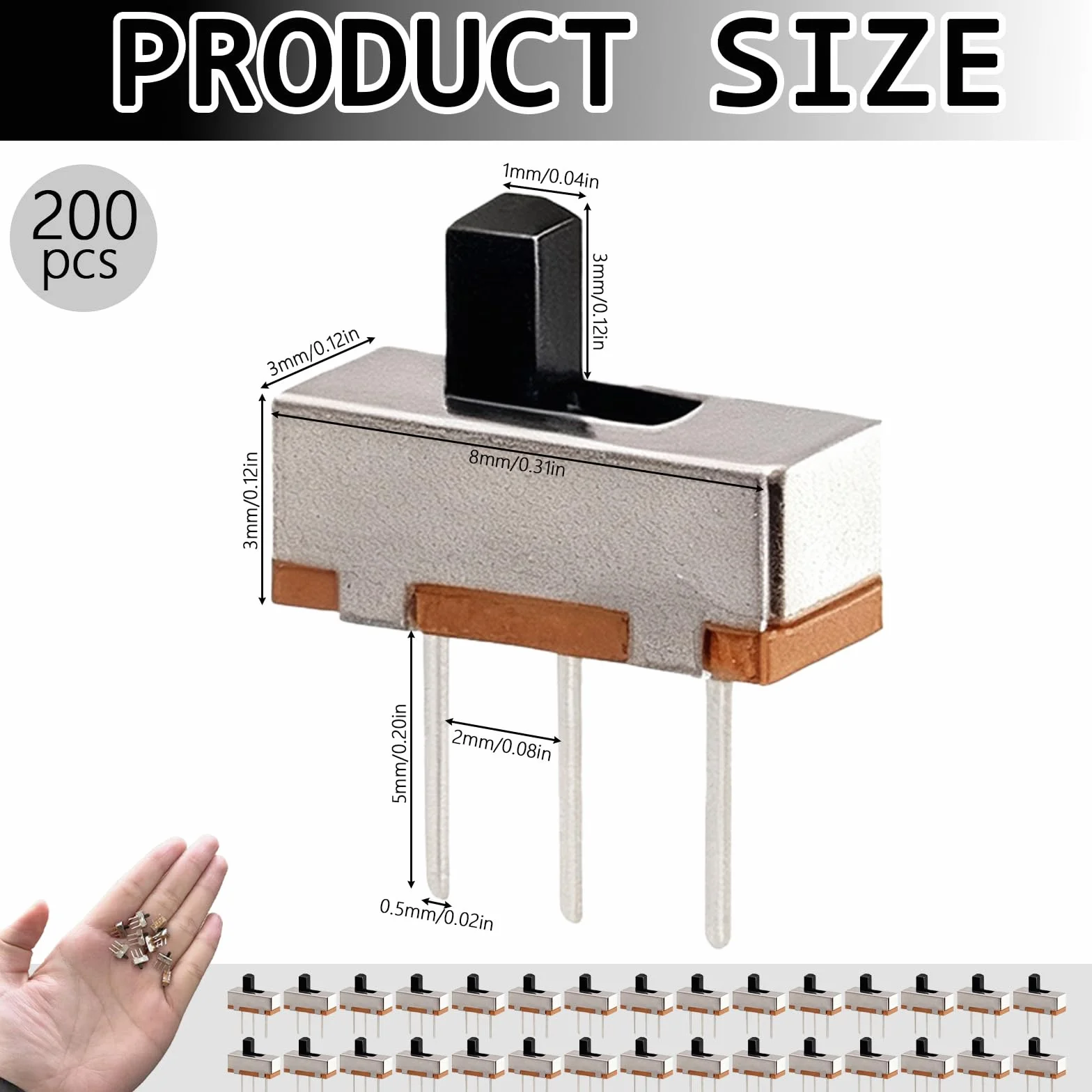 Przełącznik suwakowy 0,5 A 50 V DC, przełącznik suwakowy, 3-pinowy mini przełącznik 2-pozycyjny, do projektów elektronicznych, przełącznik pionowy 0,5A, zespoły DIY