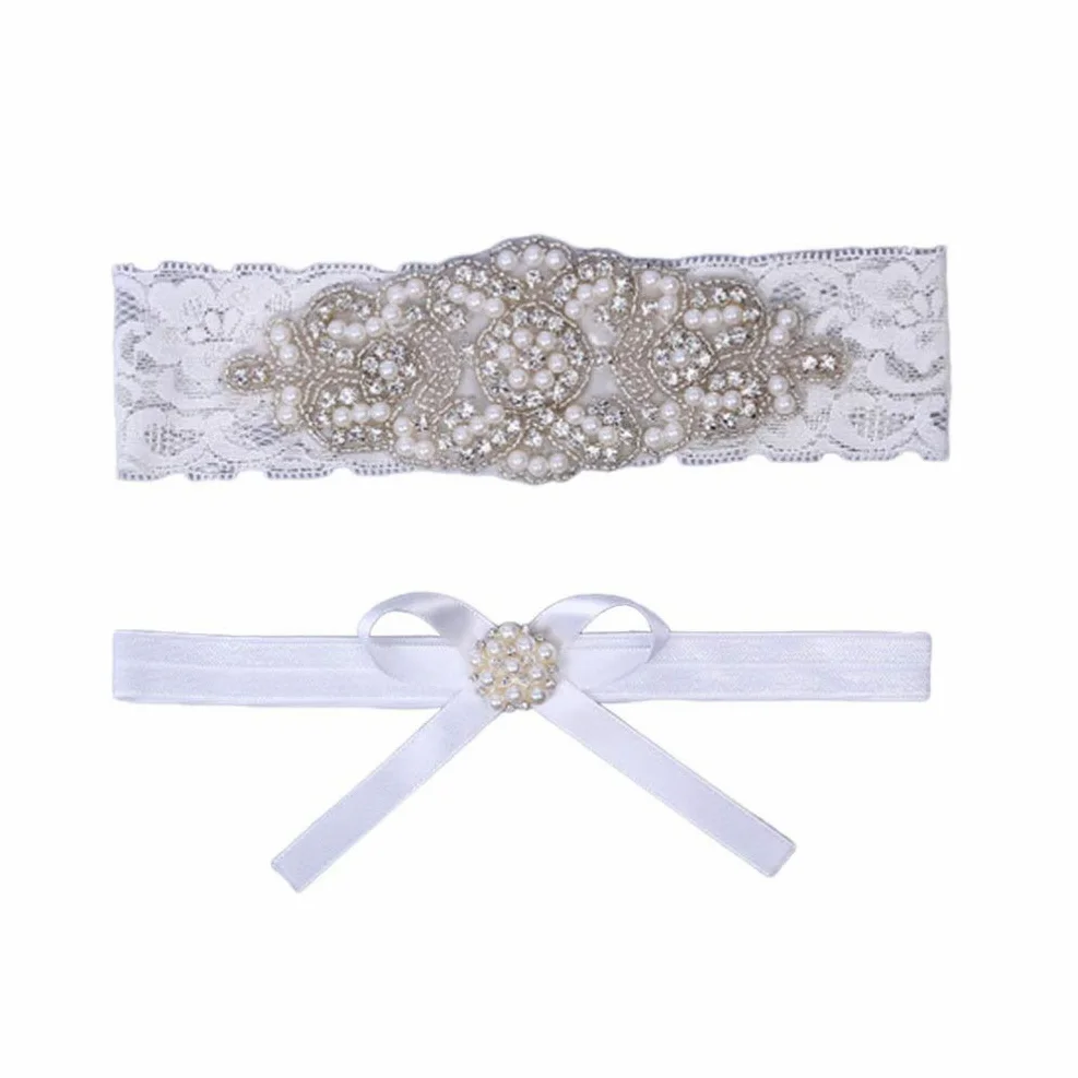 Pas 2 szt. Ślubne podwiązki koronkowe perły elastyczne Rhinestone ślubne pasy do pończoch ozdoby na nogi na ślub panny młodej
