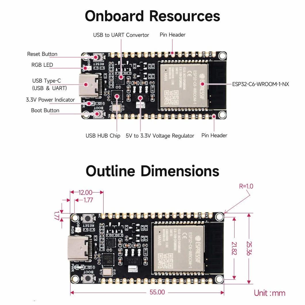 Waveshare ESP32-C6 Microcontroller, WiFi 6 Development Board, 160MHz Single-core Processor, ESP32-C6-WROOM-1-NX Series Module, Supports USB and UART Development,16MB Flash, with Pinheader