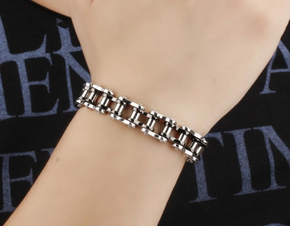 JewelryWe Męska bransoletka ze stali nierdzewnej punk rock mechaniczny styl rower rowerzysta łańcuch lista bransoletka na nadgarstek
