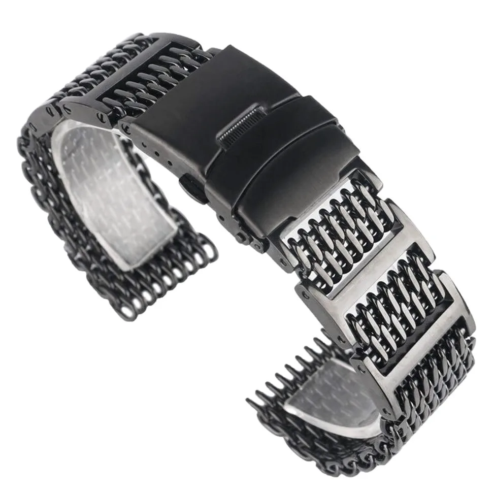 20mm 22mm 24mm Męski pasek do zegarka ze stali nierdzewnej Shark Mesh Pasek na nadgarstek Luksusowa wymiana bransoletki Zwart Push Button (jeden kolor 24mm)