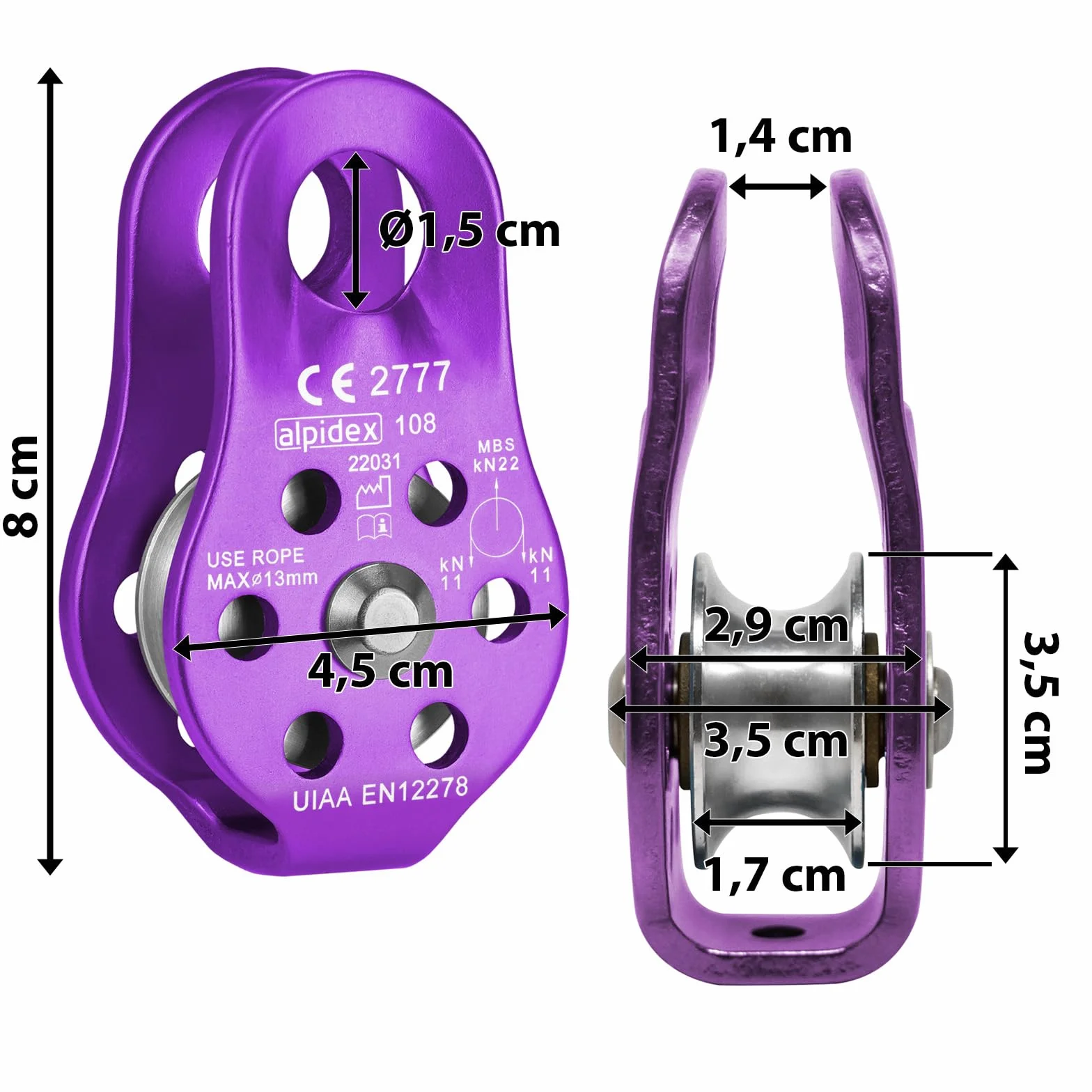 ALPIDEX Rolka Do Wspinaczki - 22 kN - Fix Pulley Blok Koła Pasowego - Odpowiedni Do Lin O Średnicy Do 13 mm - EN12278