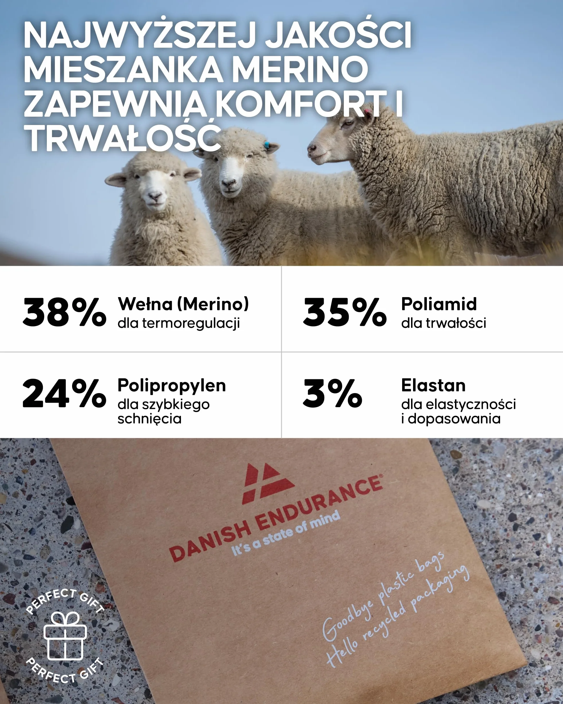 DANISH ENDURANCE Skarpety Trekkingowe Premium, Wełna Merino, Skarpety do Wędrówek, Damskie i Męskie 2-Pak