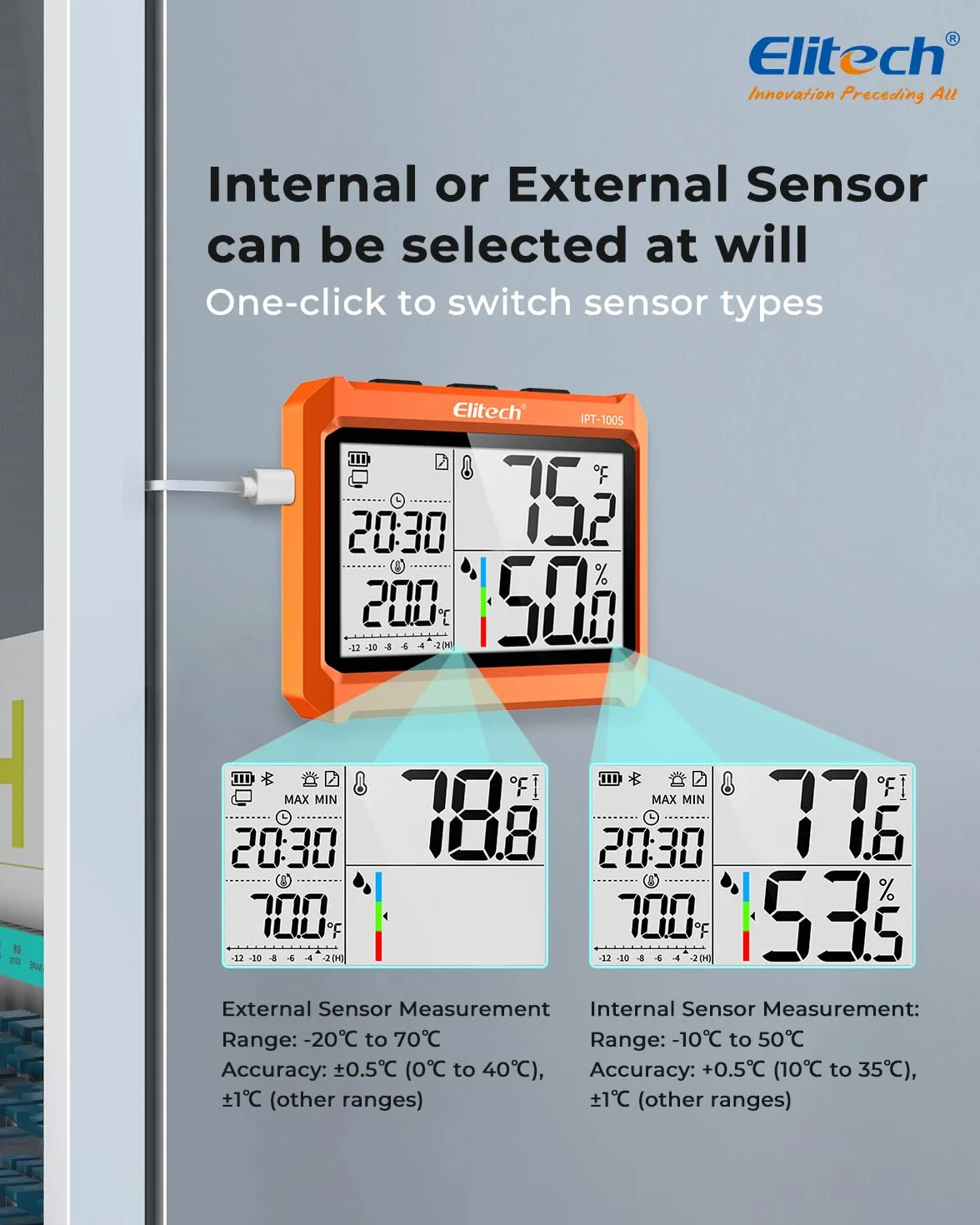 Elitech Cyfrowy termometr higrometrowy Bluetooth, rejestrator wilgotności temperatury PDF i CSV, przechowywanie danych 5000 punktów, IPT-100S z zewnętrzną sondą
