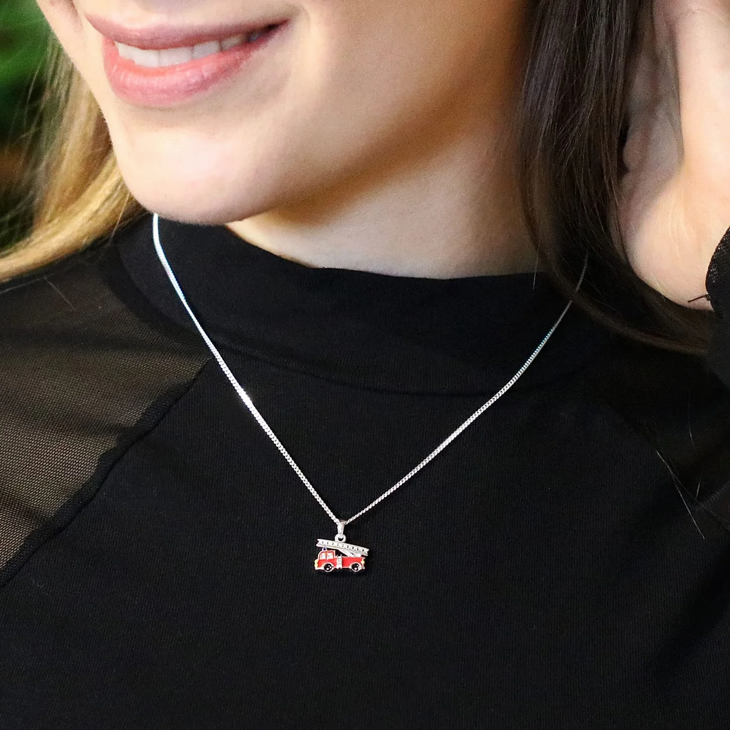 Clever Schmuck Zestaw srebrnych zawieszek chłopięcy mały samochód strażacki 12 x 9 mm czerwony czarny żółty lakierowany z łańcuszkiem pancerka 38 cm srebro wysokiej próby 925 dla małych dzieci